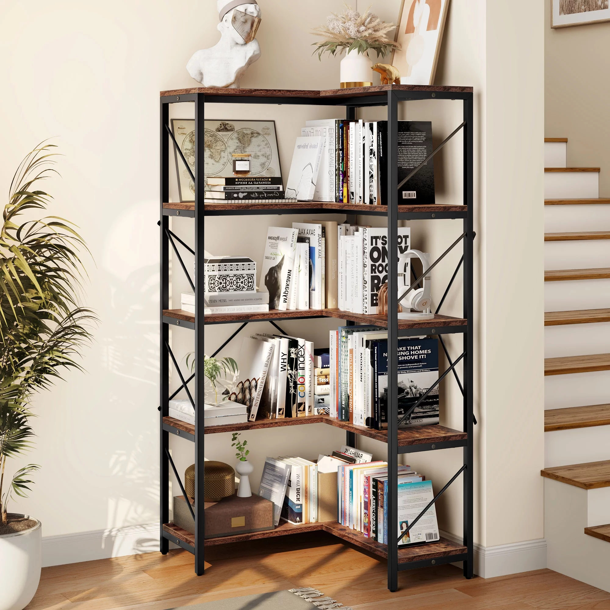 5-Tier L-Shaped Bookcase Storage Organizer, Tall Corner Bookshelf Open Display Freestanding Storage,Dark Gray - Inhomebuy