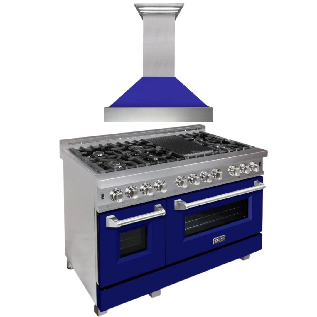 ZLINE 48 in. Dual Fuel Range with Blue Matte Door & 48 in. Range Hood Appliance Package, 2KP-RASBMRH48 - Inhomebuy