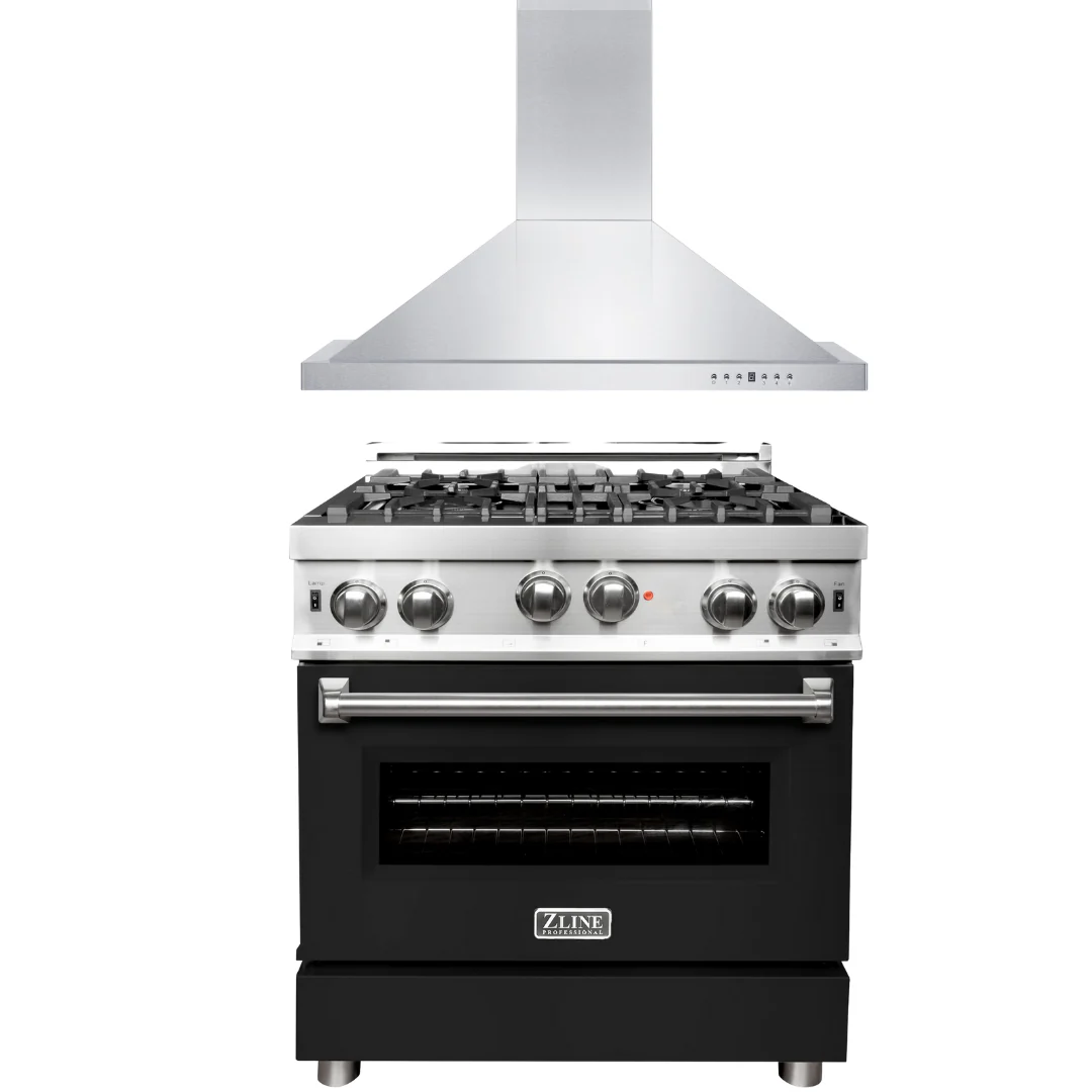 ZLINE 30 in. Gas Range with Black Matte Door & 30 in. Range Hood Appliance Package, 2KP-RGBLMRH30 - Inhomebuy