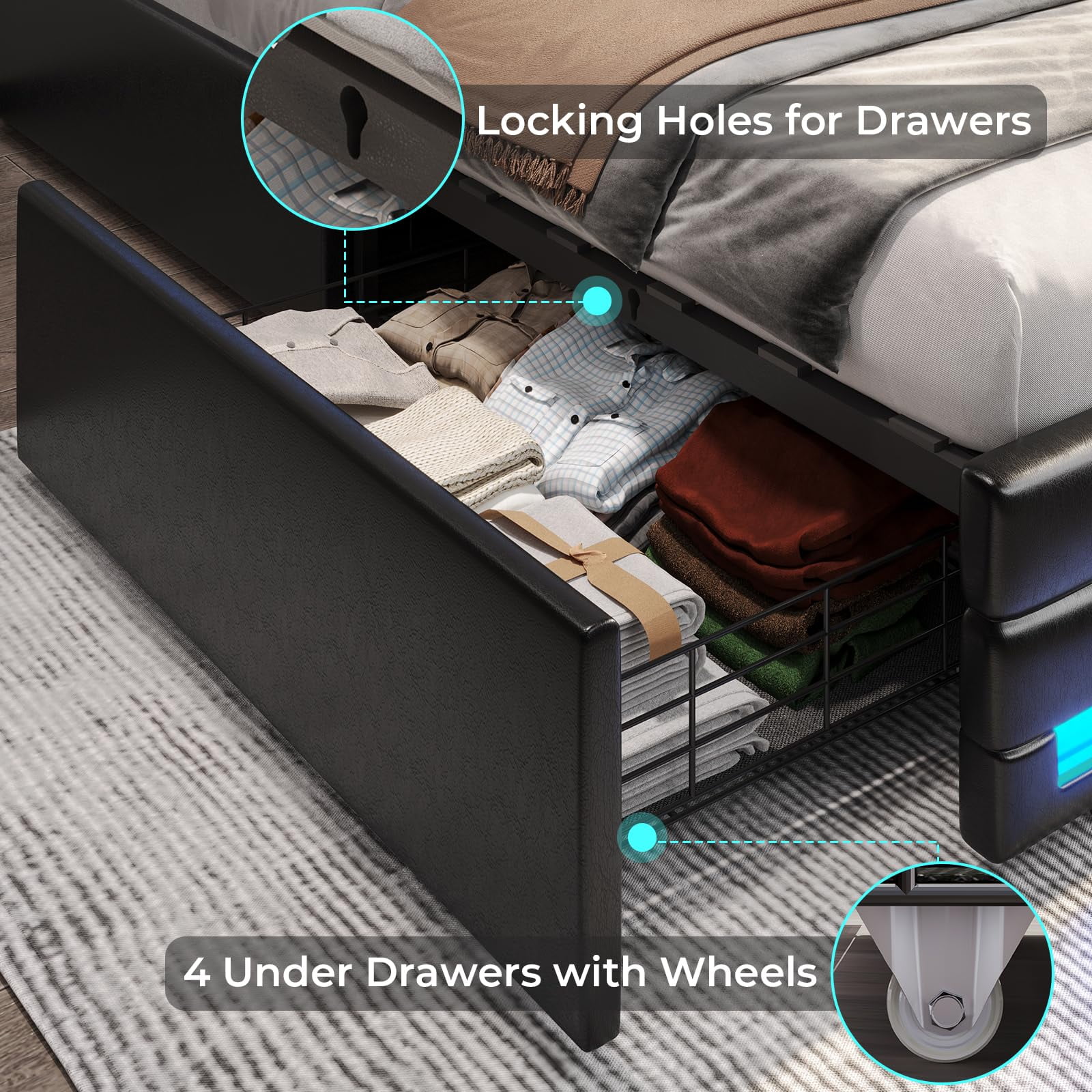 Afuhokles LED Bed Frame King Size with 2 USB Ports, Platform Bed Frame with LED Headboard and Footboard, Storage Drawers, No Box Spring Needed, White - Inhomebuy