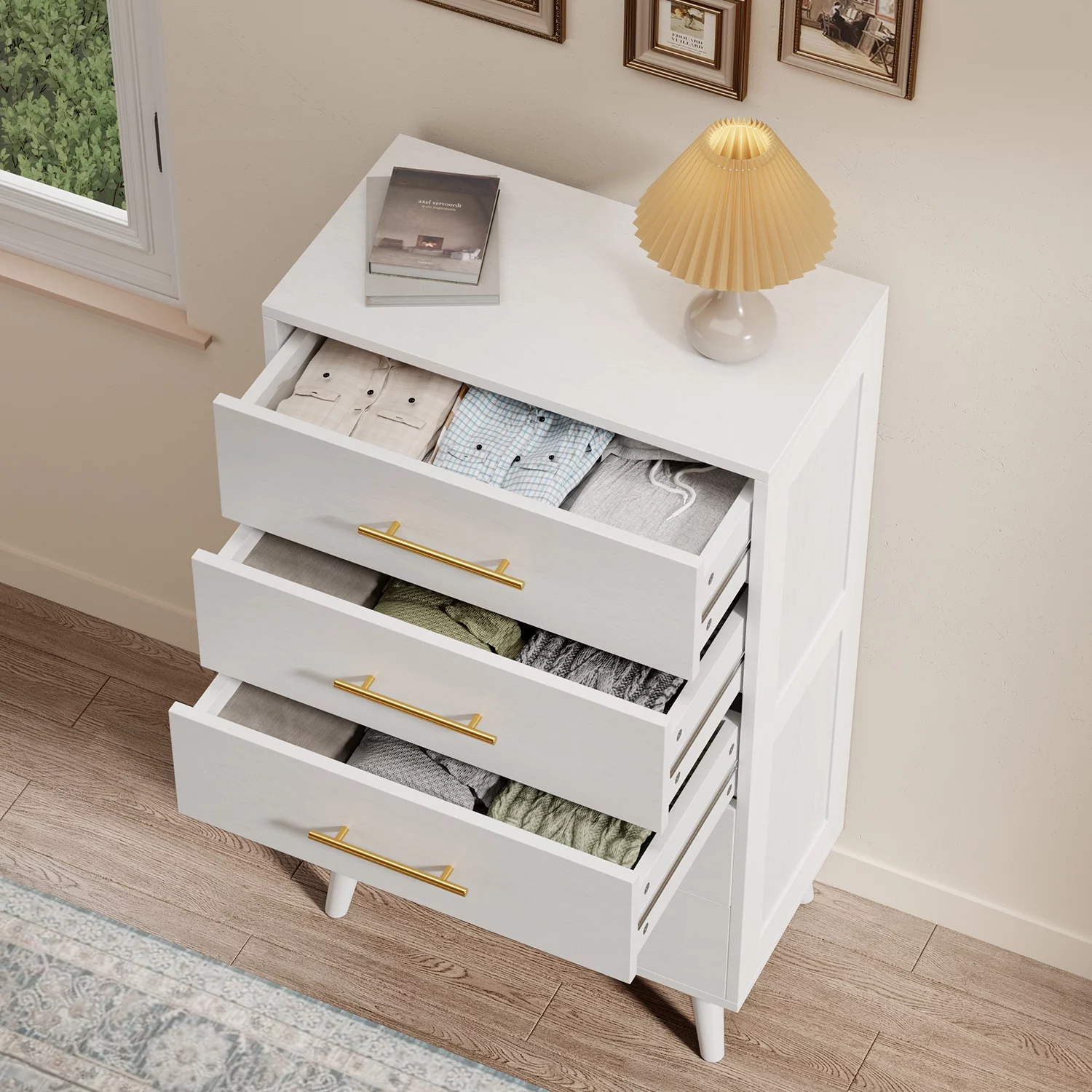 5 Drawer Dresser for Bedroom, Lofka Tall Chest of Drawers with Metal Handles,Nursery Dresser, White - Inhomebuy