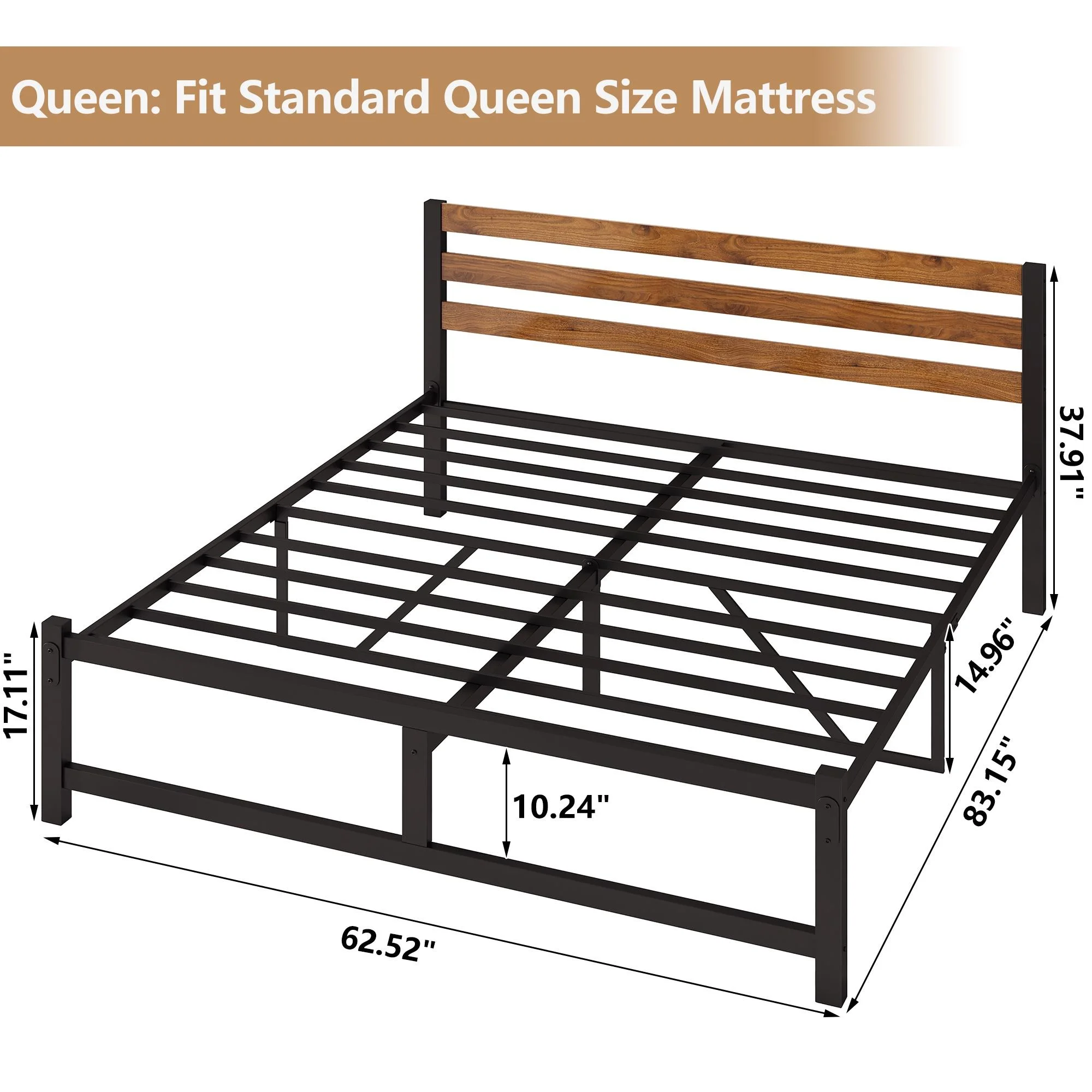 uhomepro Queen Platform Bed Frame with Headboard, Rustic Brown and Black Metal Platform Bed Frame with Heavy Duty Metal Slats, No Box Spring Needed - Inhomebuy