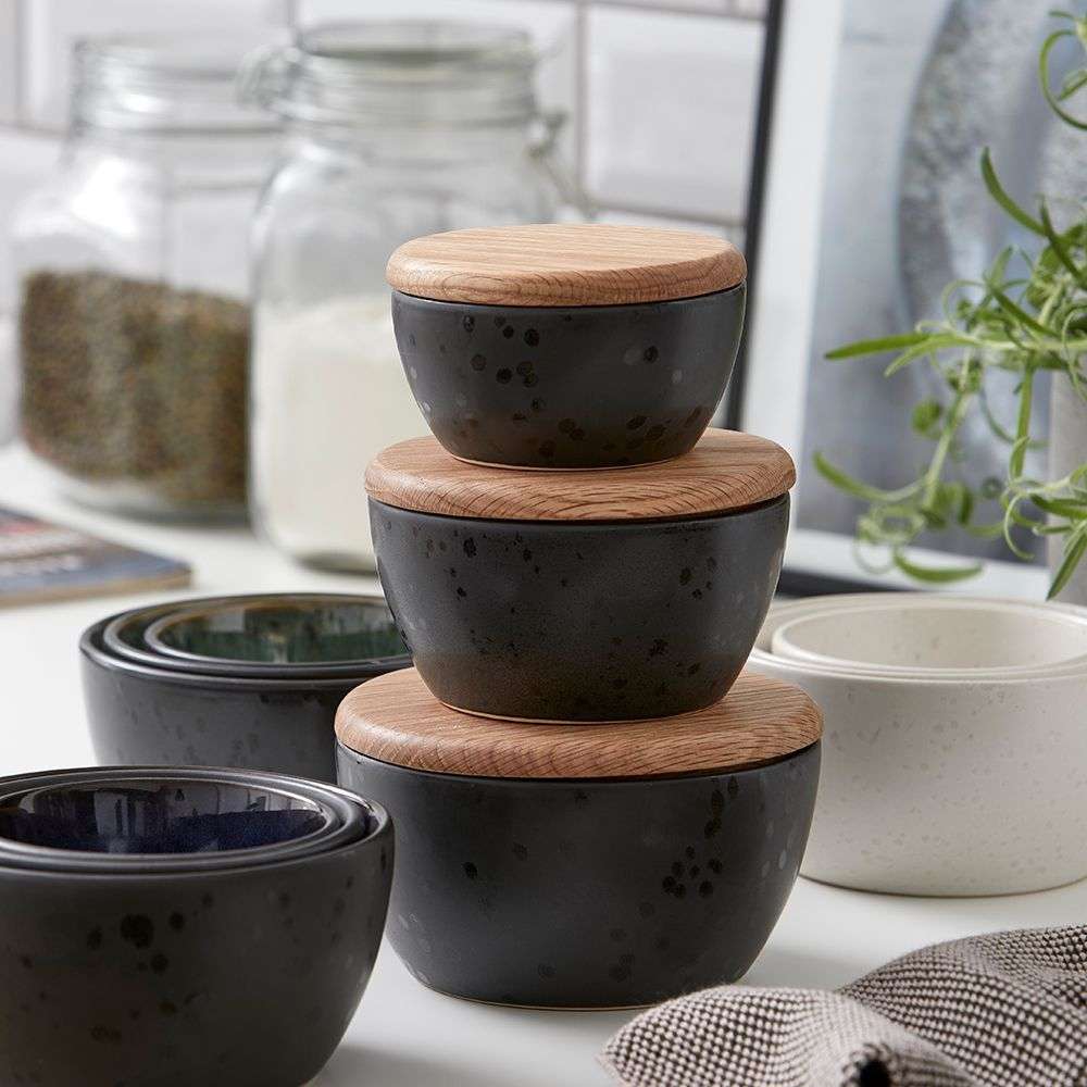 Stoneware Bowl With Lid Set 3 Pcs Black, Green - Inhomebuy