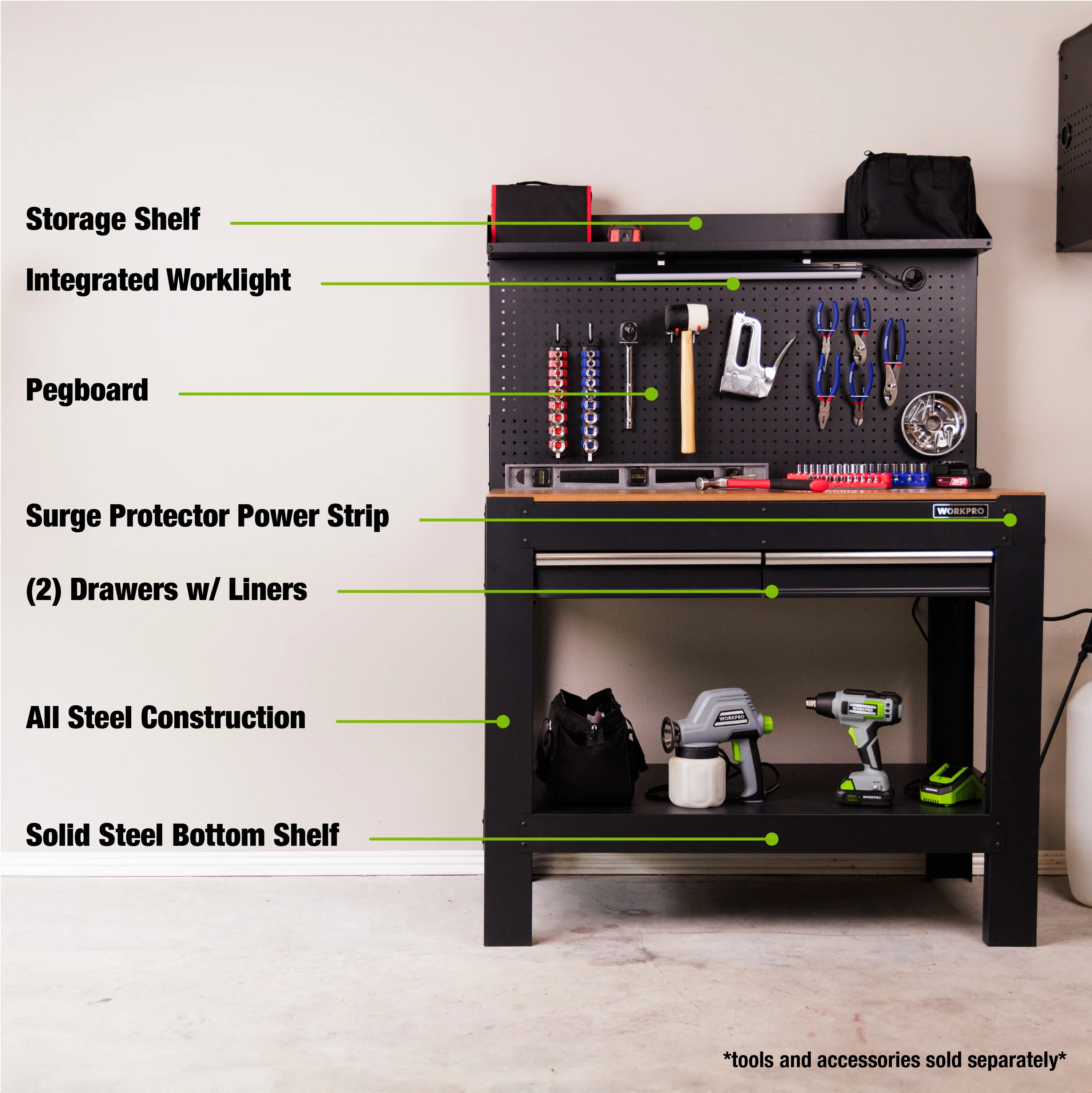 Workpro 45-in Multipurpose Workbench with LED Light & Power Strip, Steel - Inhomebuy