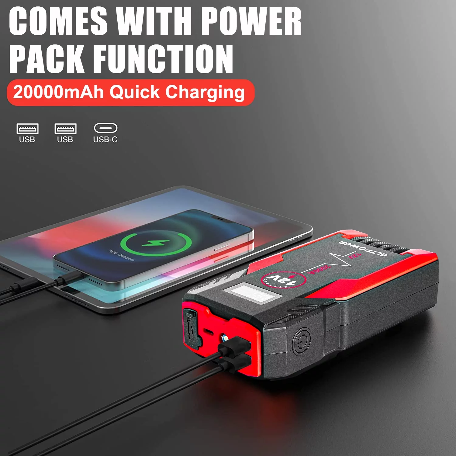 ELTPOWER 20000mAh Car Battery Jump Starter for Up to 9L Gas 7L Diesel, 2000A Peak Auto Car Jump Starter with LED and USB Quick Charge 3.0 - Inhomebuy