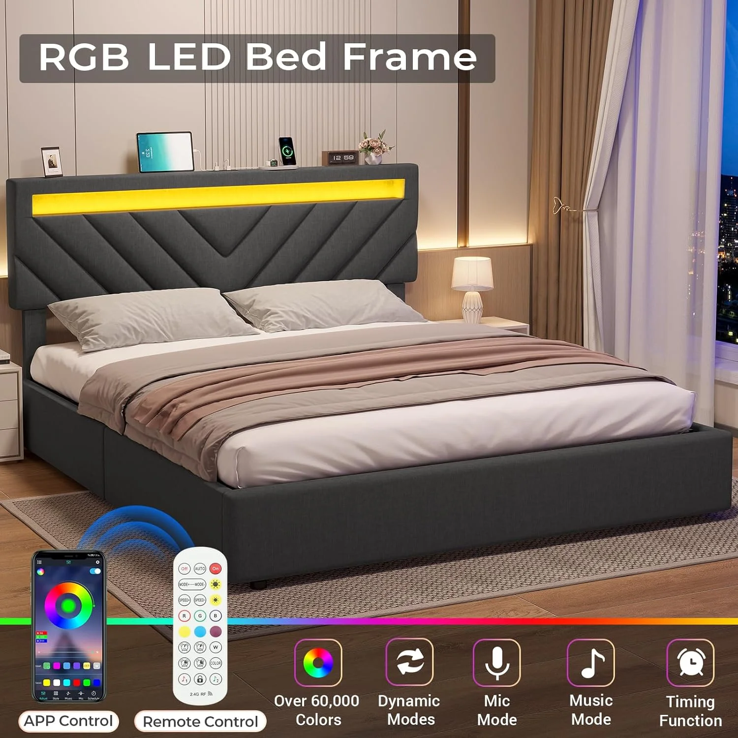 ADORNEVE Queen Size LED Bed Frame with Drawers, Upholstered Platform Bed with 2 USB Charging Station, No Box Spring Needed, Light Grey - Inhomebuy