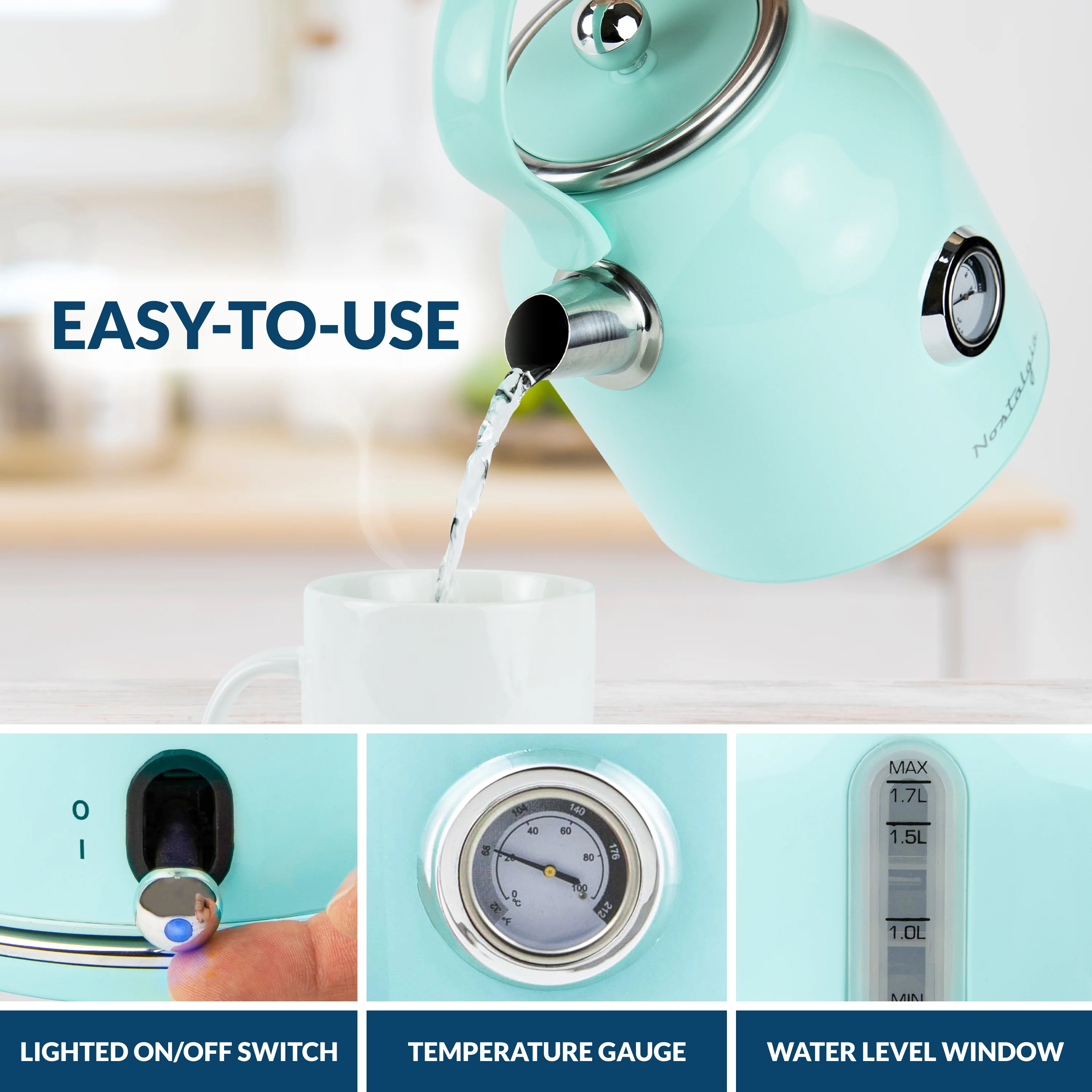 Retro Stainless Steel Electric Tea and Water Kettle, Aqua - Inhomebuy