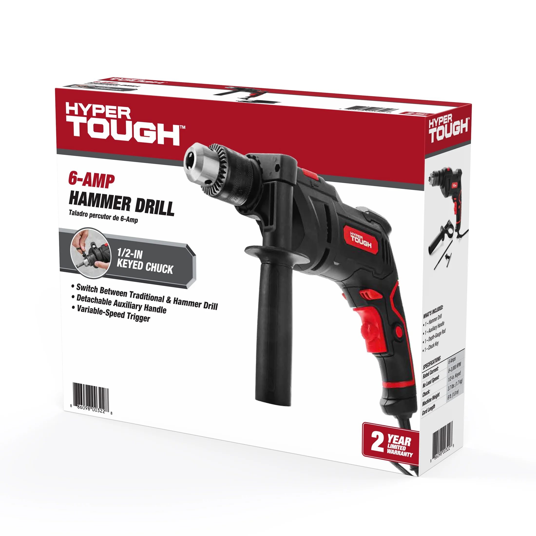 Hyper Tough 6-Amp 1/2-inch Corded Hammer Drill, Keyed Chuck, 120 Volt,TD6HD - Inhomebuy