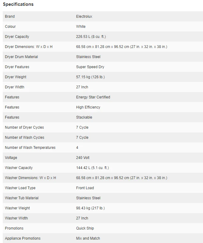 Electrolux 3 Series 2-piece Stackable White Front Load Laundry - Inhomebuy