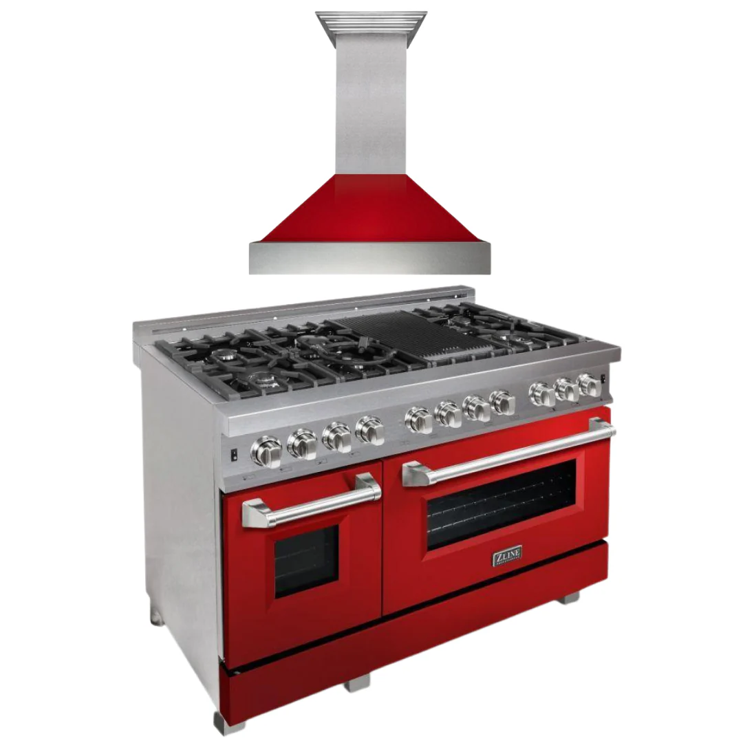 ZLINE 48 in. Dual Fuel Range with Red Gloss Door & 48 in. Range Hood Appliance Package, 2KP-RASRGRH48 - Inhomebuy