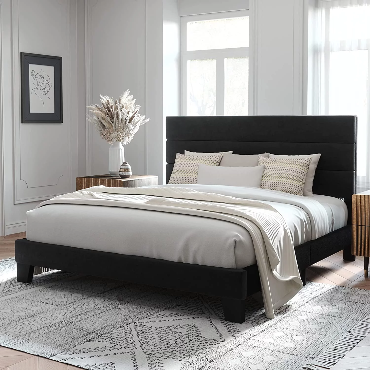 Allewie Queen Size Platform Bed Frame with Fabric Upholstered Headboard, No Box Spring Needed, Dark Grey - Inhomebuy