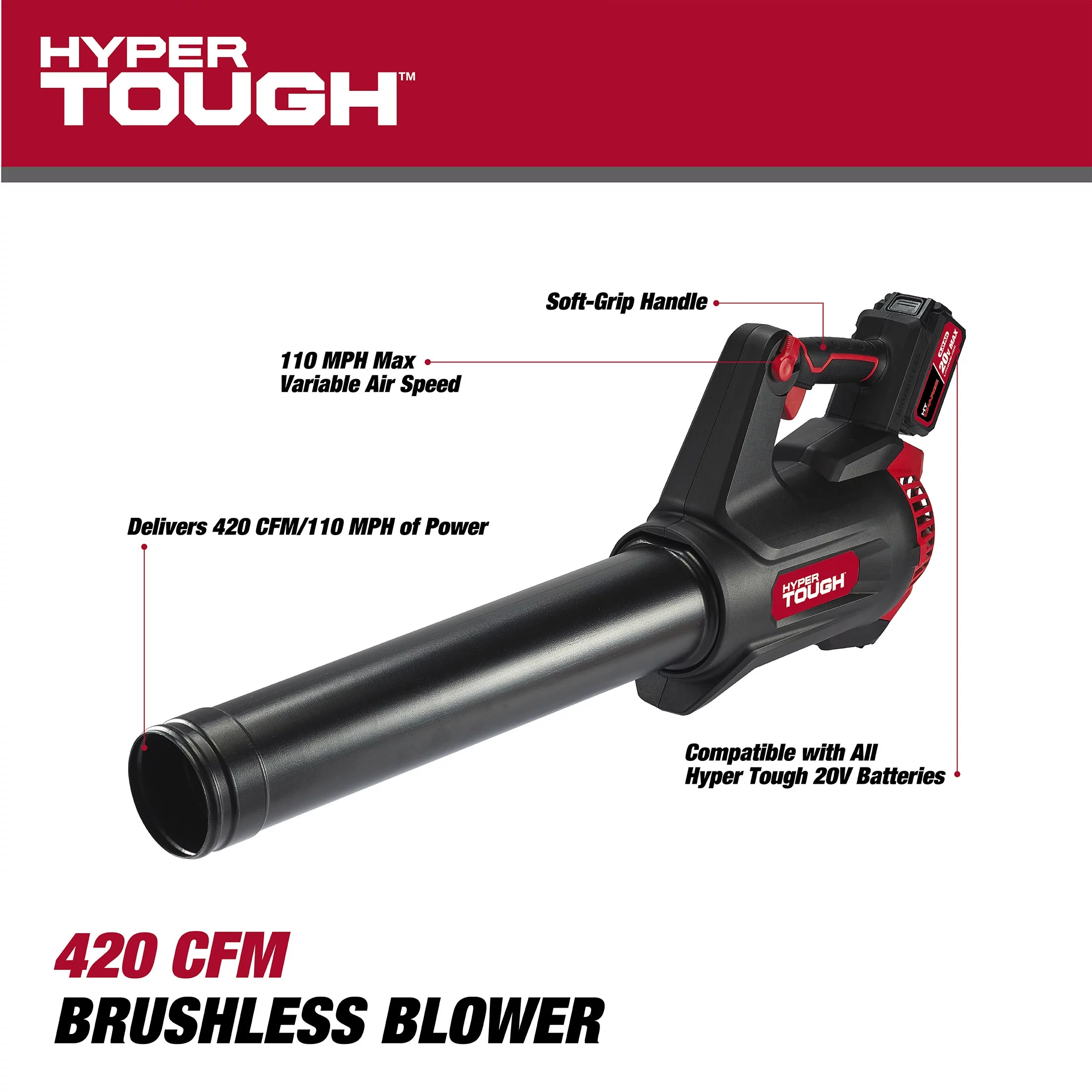 Hyper Tough 20V Max 110 mph 420 Cfm 4.0Ah Brushless Handheld Battery Blower, HT22-401-03-01 - Inhomebuy