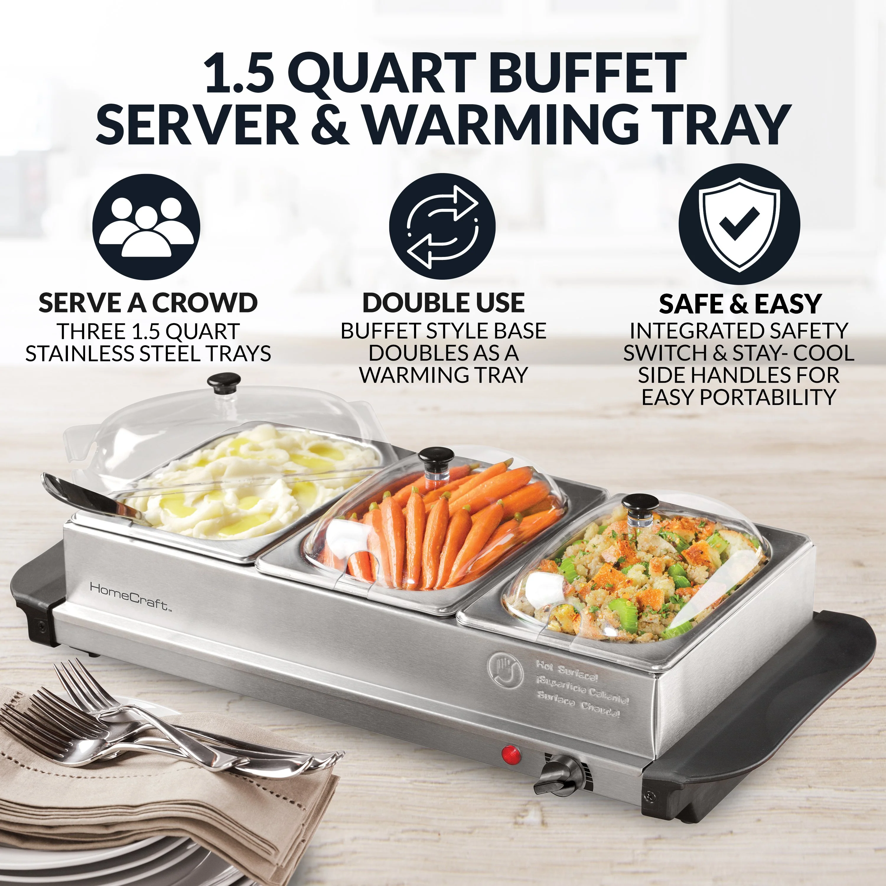 HomeCraft�?HCBS15SS 3-Station 1.5-Quart Stainless Steel Buffet Server & Warming Tray - Inhomebuy