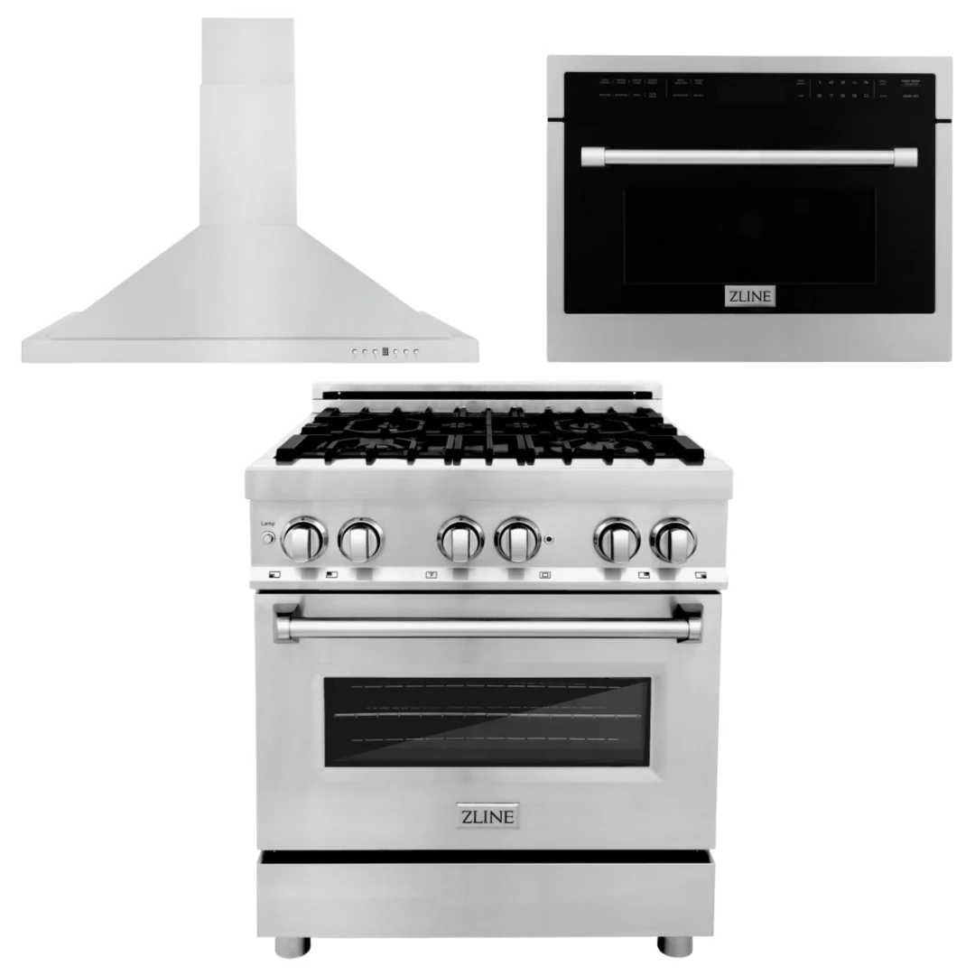 ZLINE Appliance Package - 30 In. Dual Fuel Range, Range Hood, Microwave Oven in Stainless Steel, 3KP-RARHMWO-30 - Inhomebuy