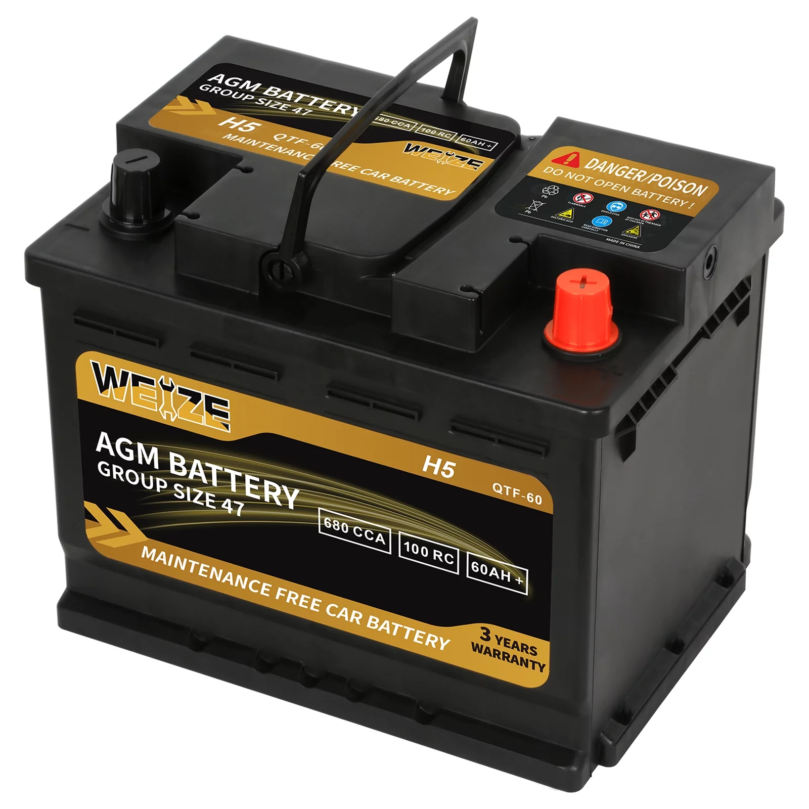 Weize Platinum AGM Battery BCI Group 48-12v 70ah H6 Size 48 Automotive Battery, 120RC, 760CCA, 36 Months Warranty - Inhomebuy