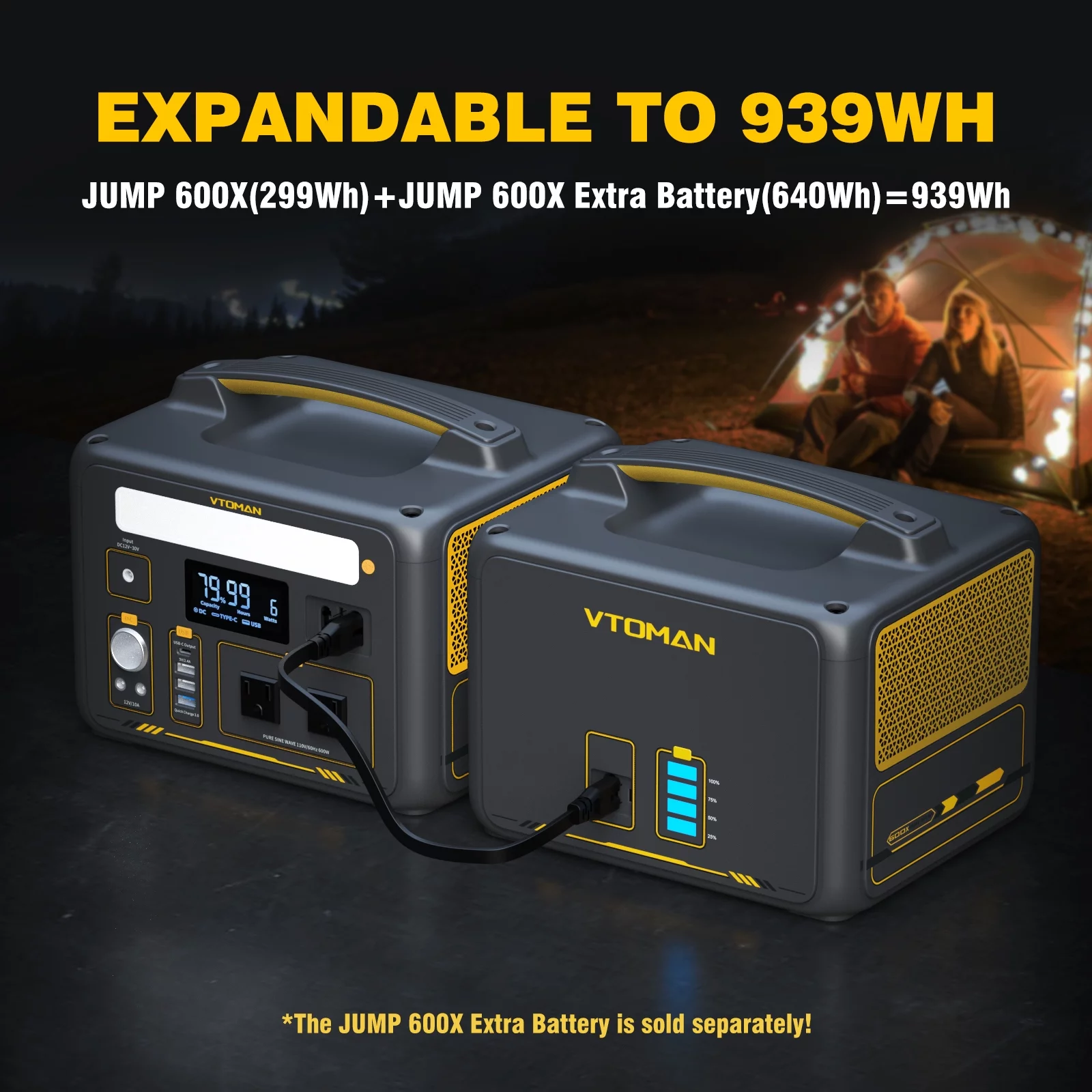 VTOMAN Jump 600X Portable Power Station 600W (1200W Peak), 299Wh LFP Solar Generator with 110V/600W AC Outlet, Jump Starter, 60W USB Port, 12V DC Output for Camping & Home Backup - Inhomebuy