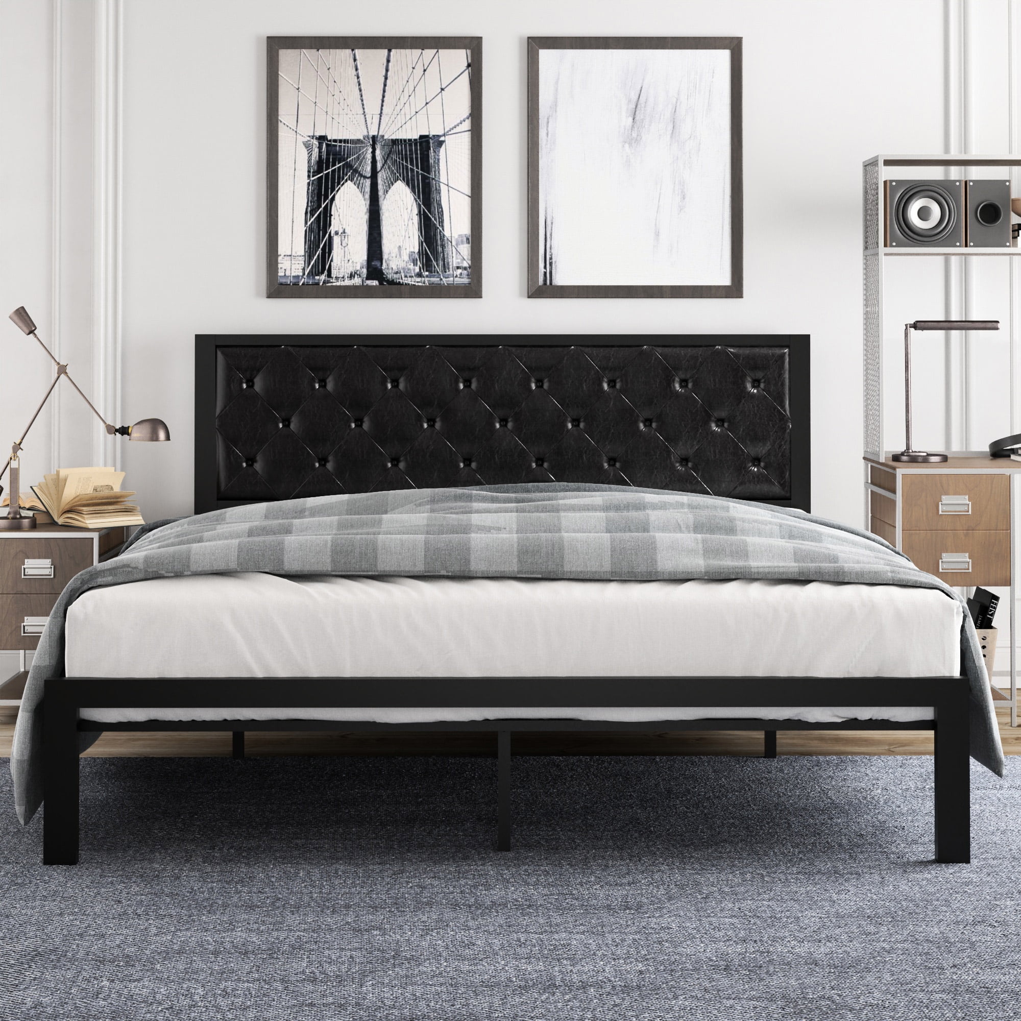 Amolife Twin Size Metal Bed Frame with Upholstered Headboard, Dark Grey - Inhomebuy