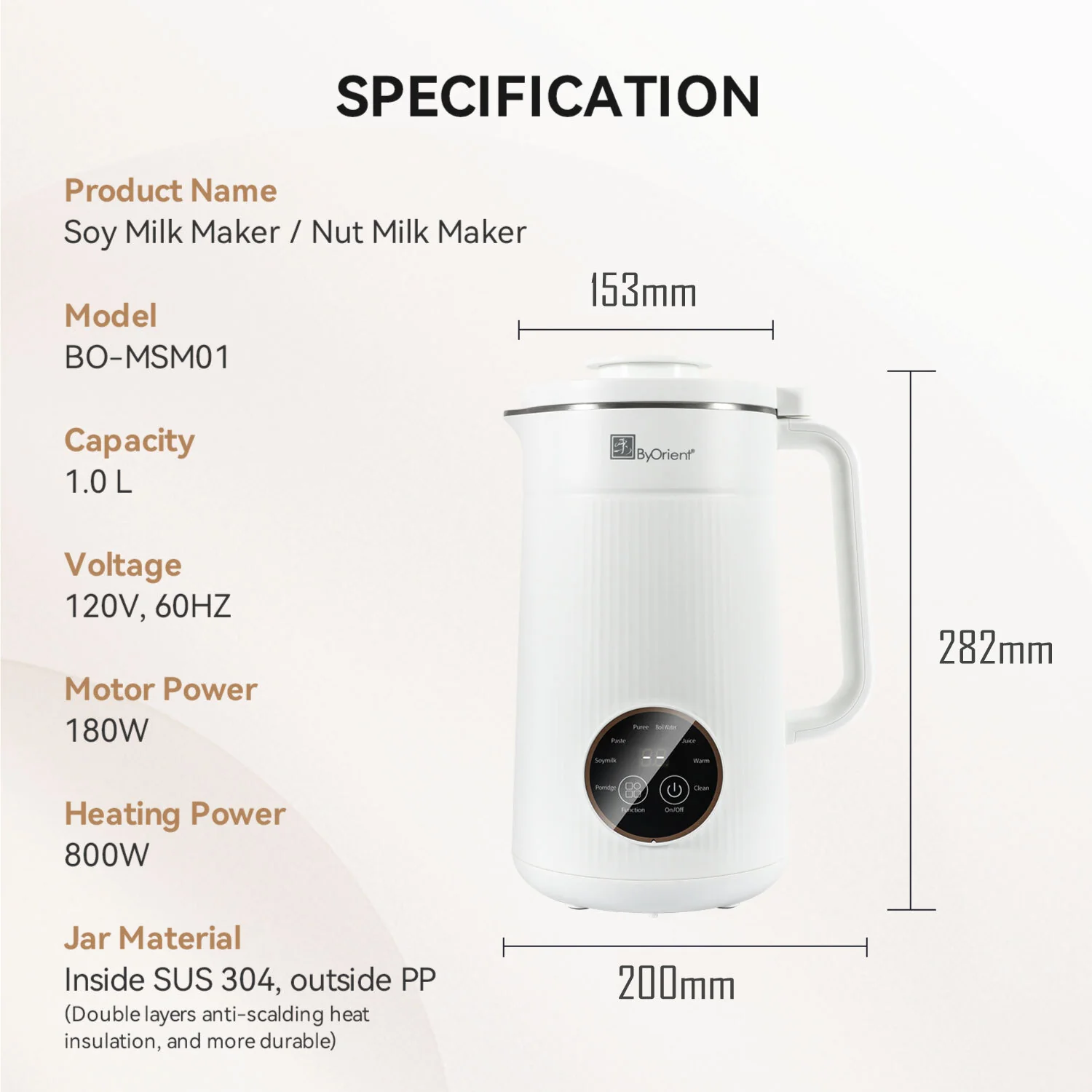 ByOrient Soymilk Maker: 1.0L, 8 functions | BO-MSM01 - Inhomebuy