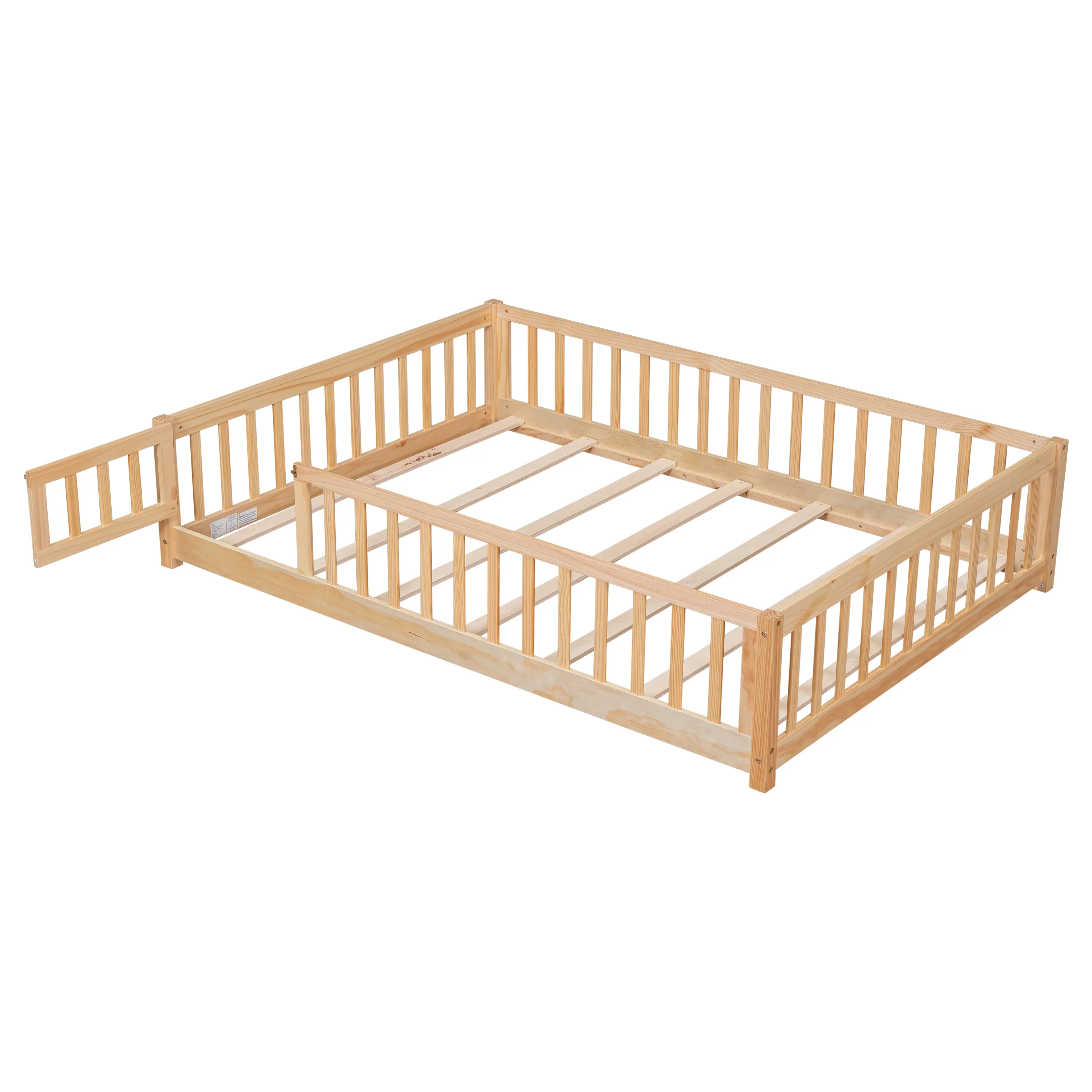 uhomepro Kids Toddler Bed with Fence and Door, Full Size Platform Bed Floor Bed, Wood Bed Frame No Box Spring Needed, Gray - Inhomebuy