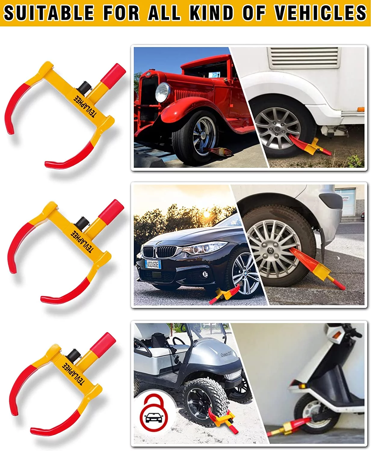 Tevlaphee Universal Wheel Lock Heavy Duty Security Trailer Wheel Lock Tires Anti Theft for Car SUV Boat Motorcycle Golf Cart Great Deterrent Bright Color with 3 Keys - Inhomebuy