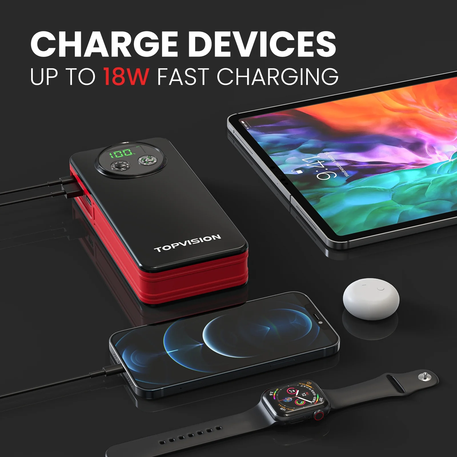 TOPVISION 2500A Car Jump starter Powerful Car Jump Starter with Dual USB Quick Charge and DC Output,12V Jump Pack with Built-in LED Bright Light - Inhomebuy