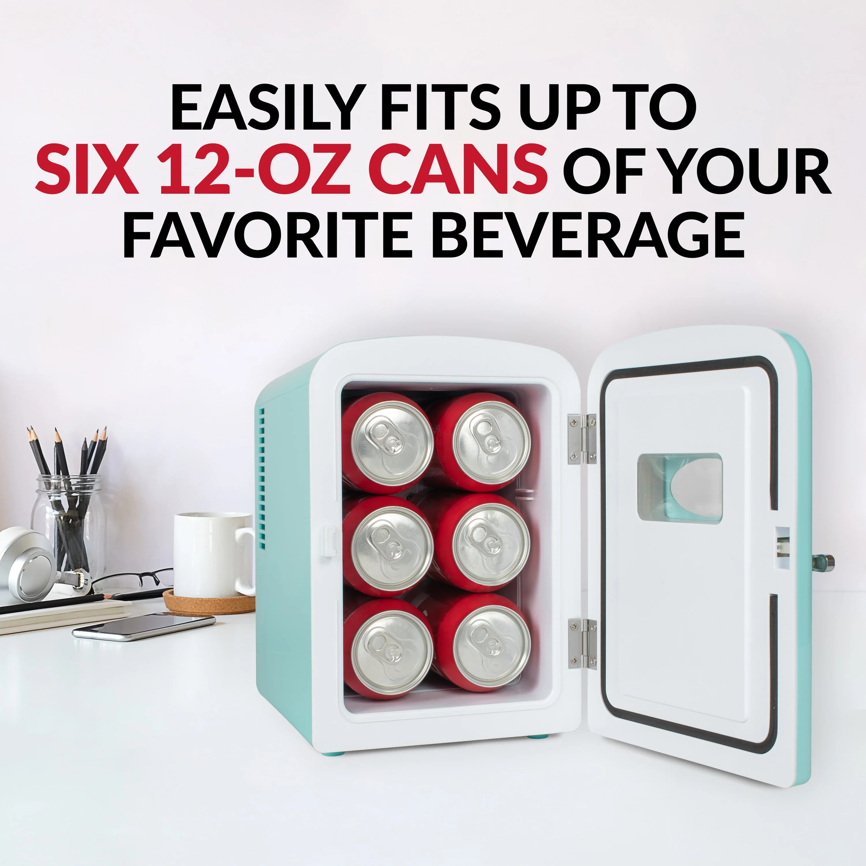 Retro 6-Can Personal Cooling and Heating Refrigerator with Display Window & Carry Handle, Aqua - Inhomebuy