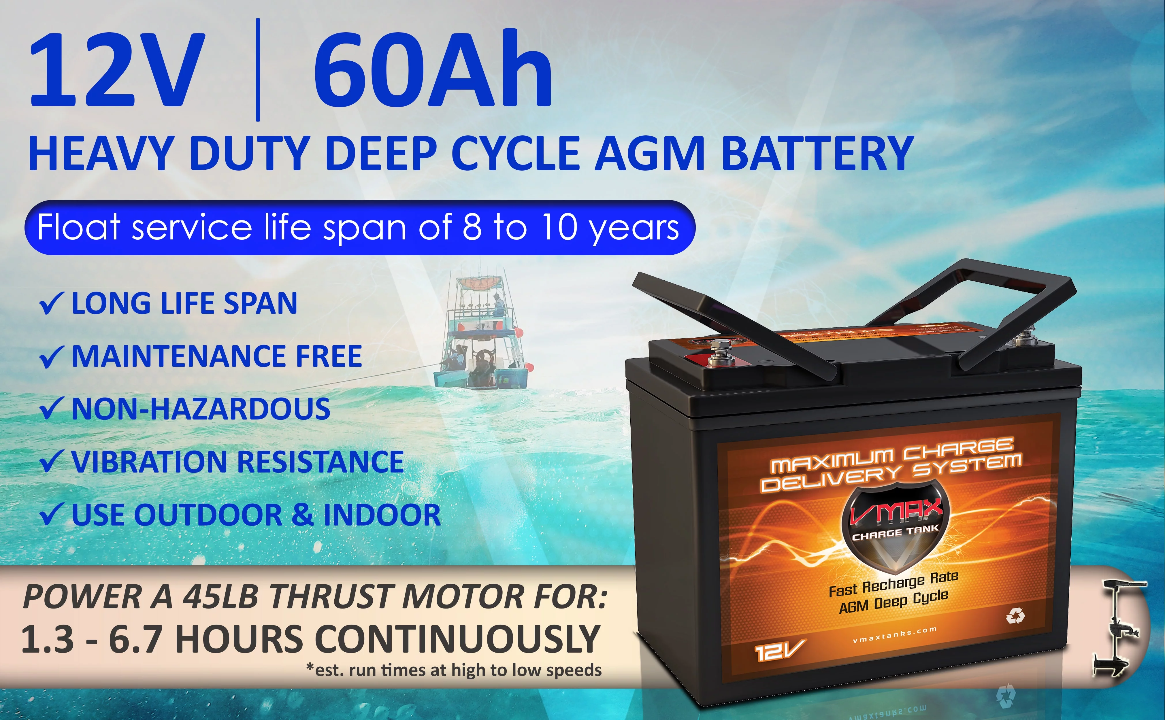 VMAX MR96-60 12V 60Ah AGM Deep Cycle Battery for Minn Kota Traxxis 55 Freshwater TM 12V 55lb Trolling Motor - Inhomebuy