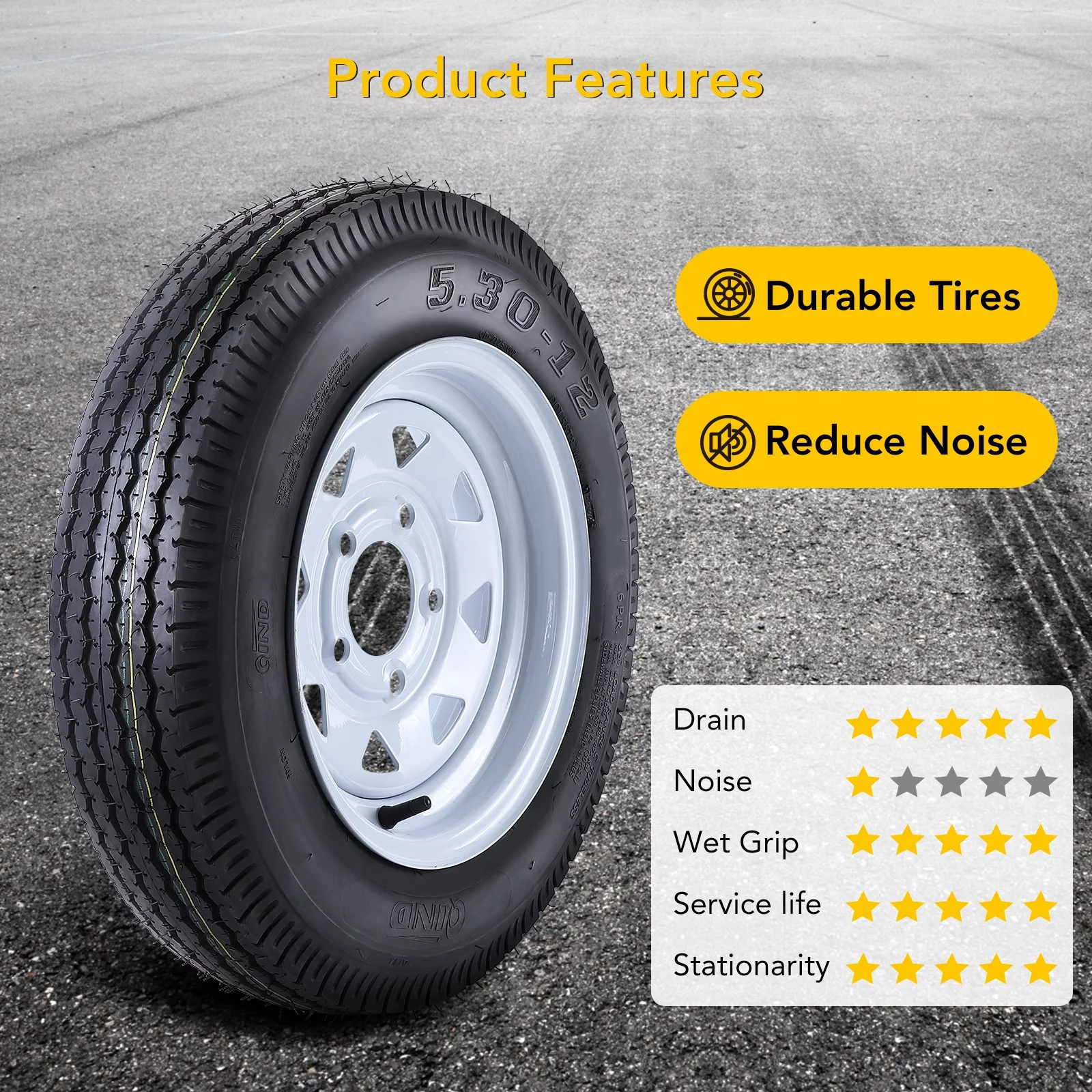 Tookss 2 Packs 5.30-12 5.30x12 530-12 5.30-12 Trailer Tires with 12 inch Rims, 5 Lug on 4.5'', LoadC, 6PR - Inhomebuy
