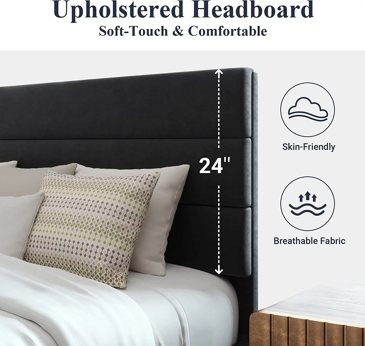 Allewie Queen Size Platform Bed Frame with Fabric Upholstered Headboard, No Box Spring Needed, Dark Grey - Inhomebuy