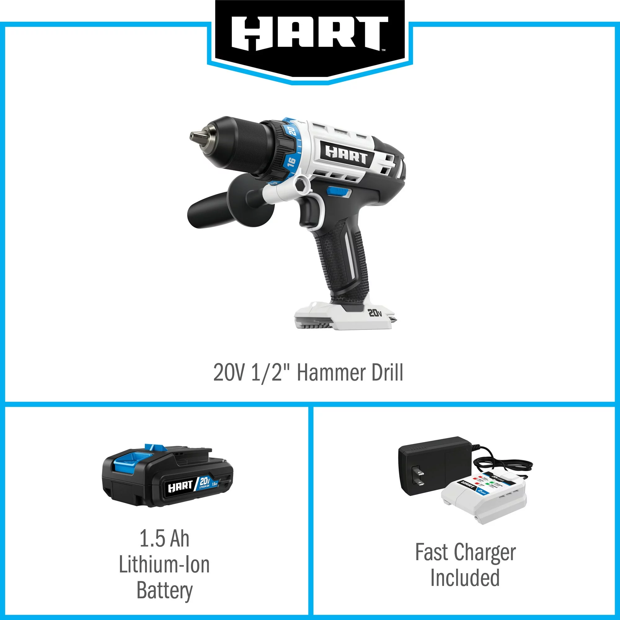 (Restored) HART 20-Volt Cordless 1/2-inch Hammer Drill Kit (1) 1.5Ah Lithium-Ion Battery (Refurbished) - Inhomebuy