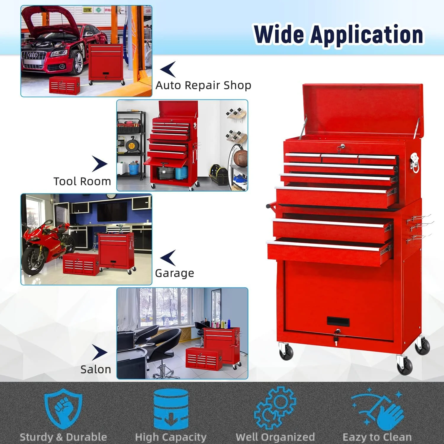 8-Drawer Rolling Tool Chest Metal Tool Box Lockable Storage Cabinet with Wheels, Black - Inhomebuy