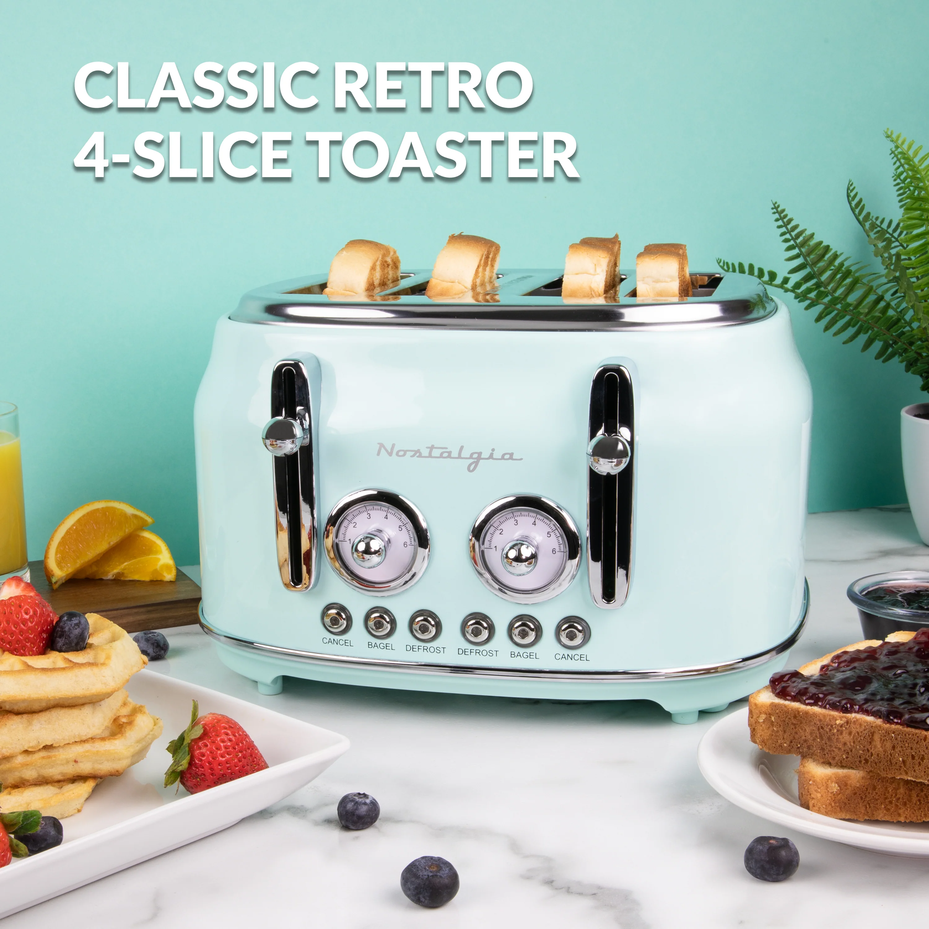 Classic Retro 4-Slice Toaster, Aqua - Inhomebuy
