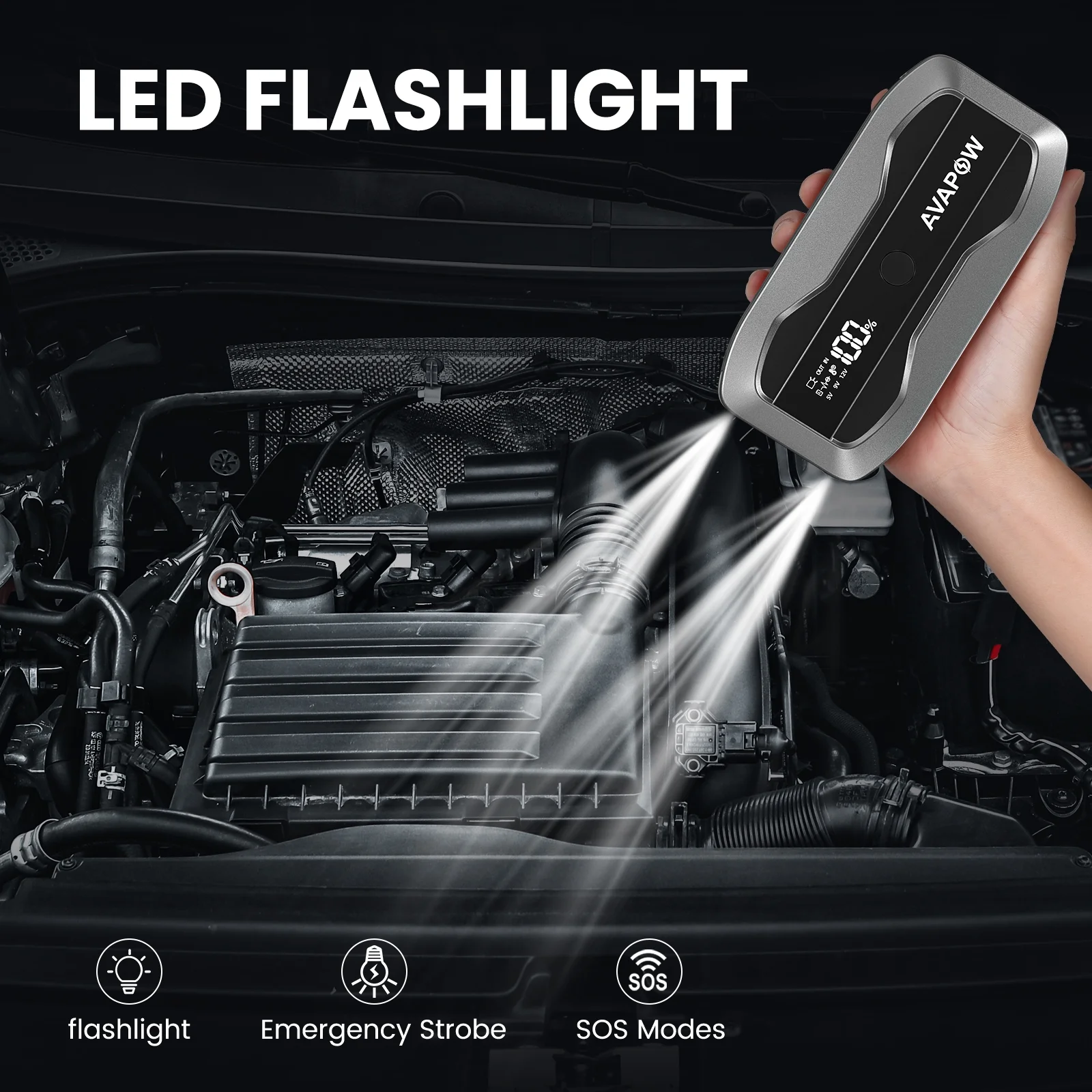 AVAPOW 2000A Car Jump Starter Powerful Car Jump Starter with USB Quick Charge and DC Output, 12V Peak Portable with Built-in LED Bright Light - Inhomebuy