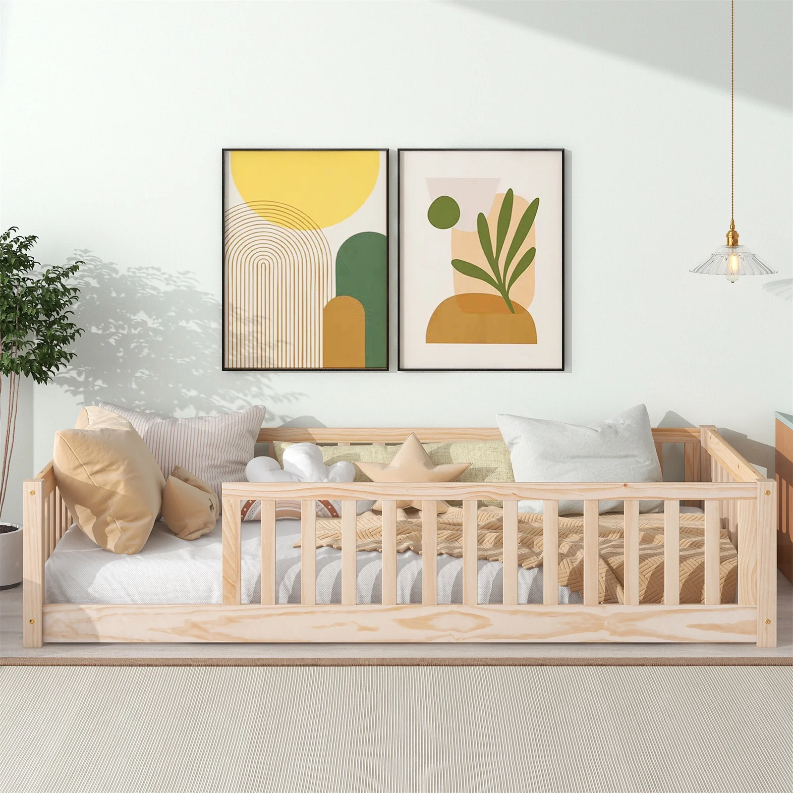 Twin Floor Bed Frame for Toddler, Montessori Floor Bed with Fence and Wood Slats, Low Wood Platform Beds for Girls Boys Kids Happy Time, White - Inhomebuy