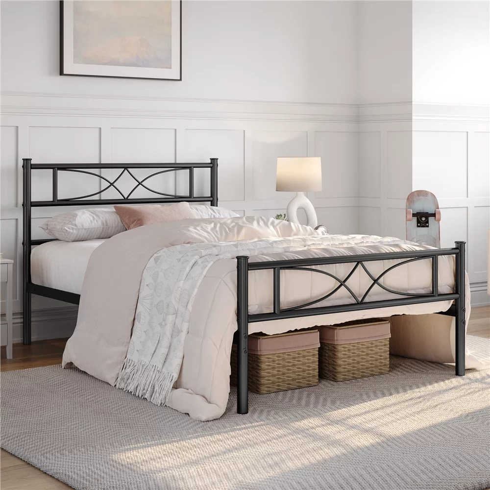 Topeakmart Metal Twin Bed Frame with Curved Design Headboard and Footboard, Black - Inhomebuy