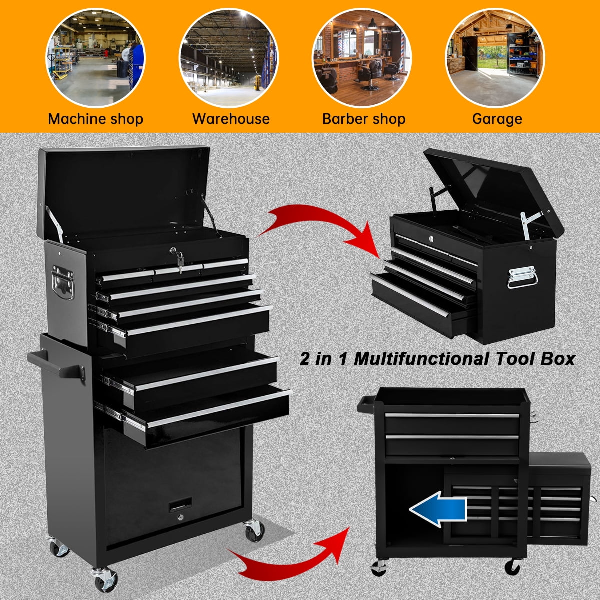 Tool Chest with 8 Drawer,High Capacity Rolling Tool Box Removable Tool Storage Cabinet with Locks,Rolling Tool Storage Cabinet with 4 Wheels for Garage and Warehouse (Orange) - Inhomebuy