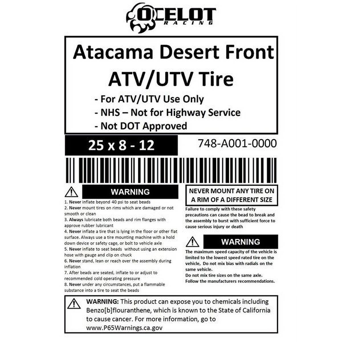 25 x 8 - 12 Ocelot Atacama Desert Front ATV/UTV Tire - Inhomebuy
