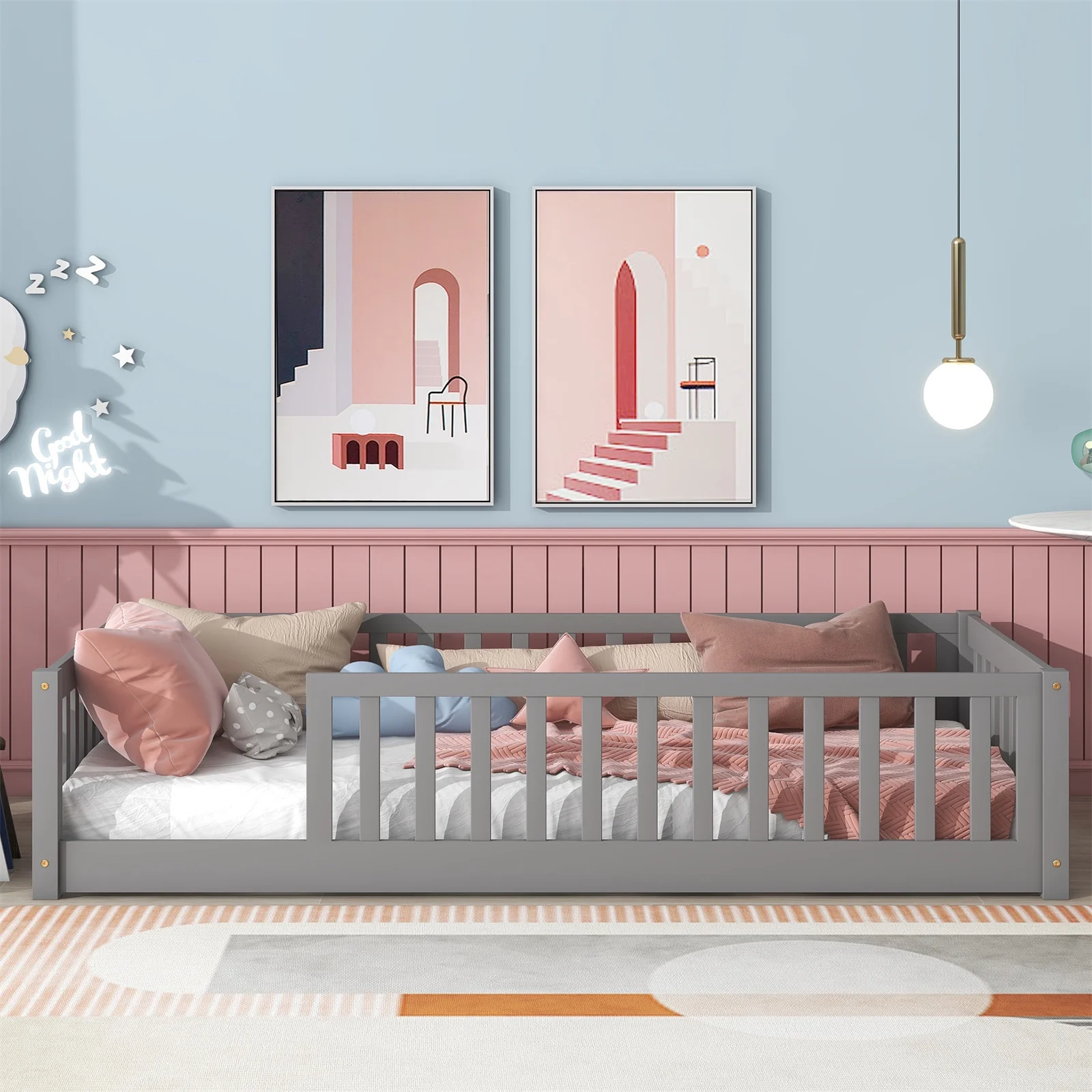 Twin Floor Bed Frame for Toddler, Montessori Floor Bed with Fence and Wood Slats, Low Wood Platform Beds for Girls Boys Kids Happy Time, White - Inhomebuy