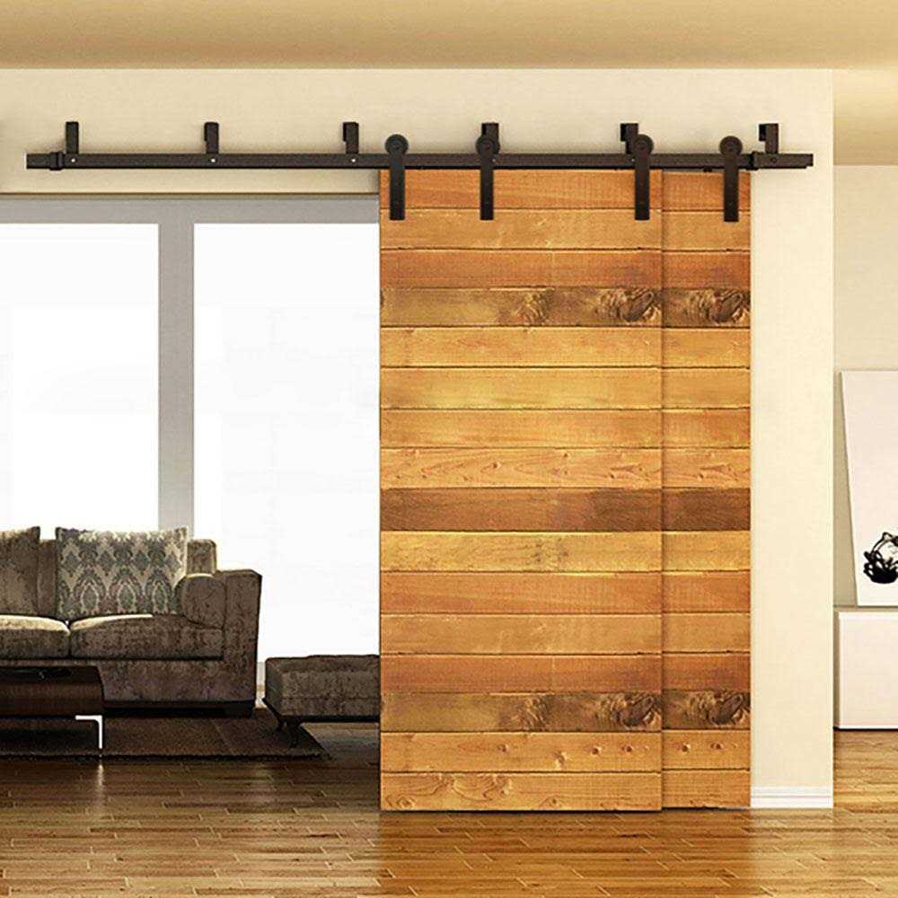 WINSOON 6 ft. Frosted Black Strap Sliding Barn Door Track Hardware Kit for Double Wood Doors Non-Routed Floor Guide - Inhomebuy