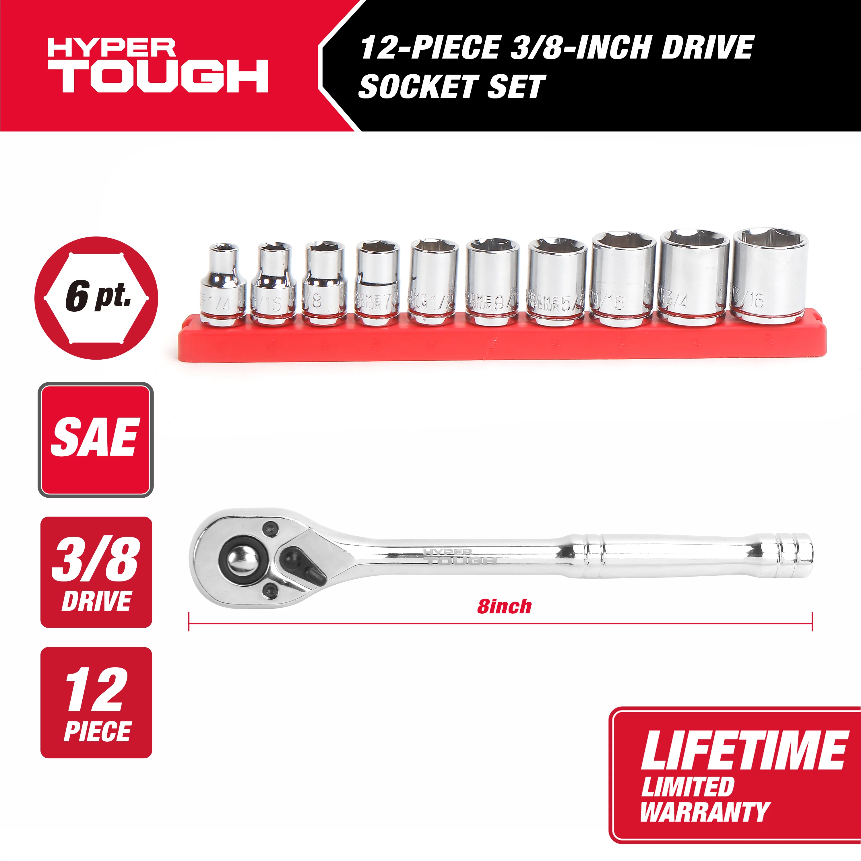 Hyper Tough 12-Piece 3/8-inch Drive Socket Set SAE, Model 42882 - Inhomebuy