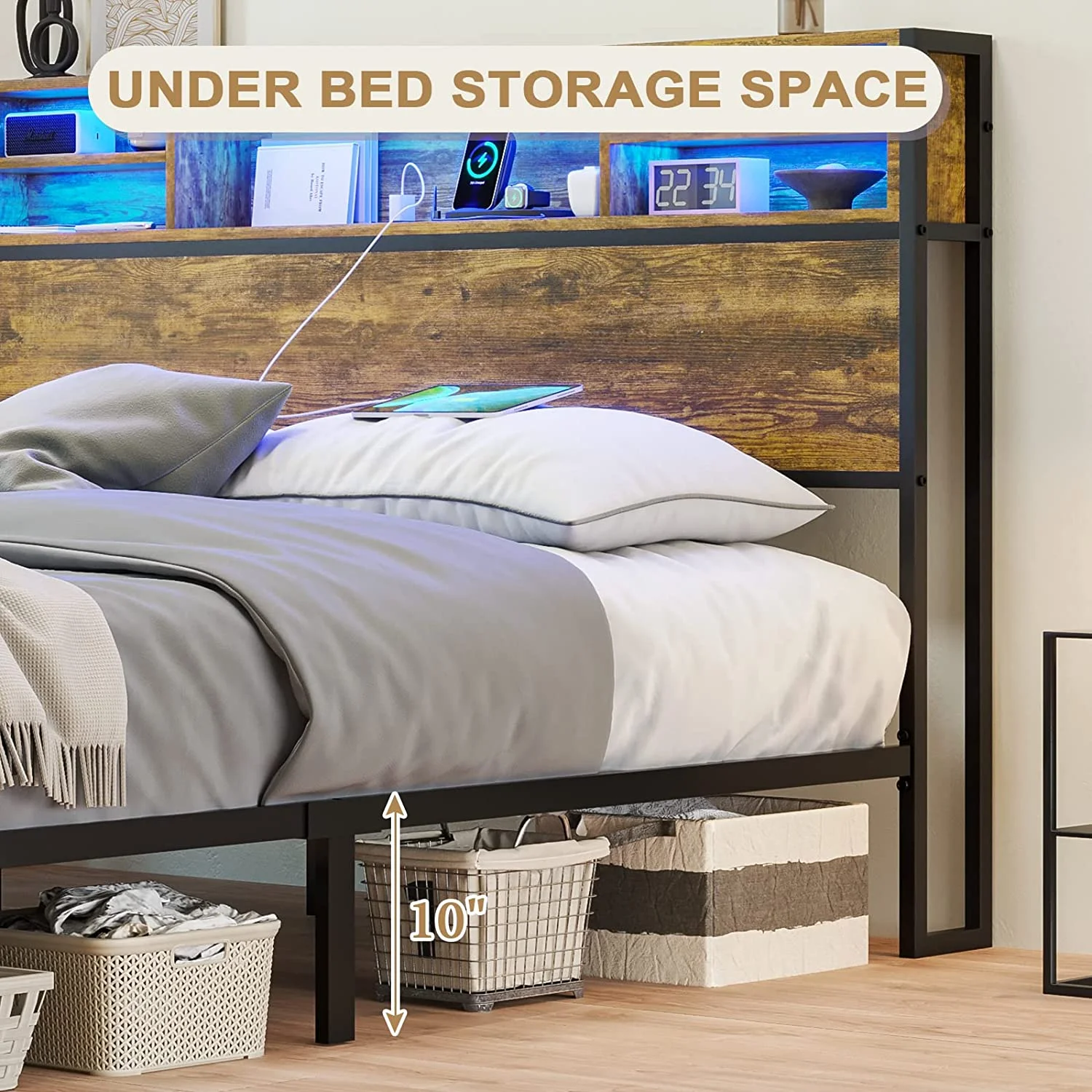 Afuhokles LED Full Bed Frame with Outlets and Headboard, Platform Bed with Storage Drawers, Brown - Inhomebuy