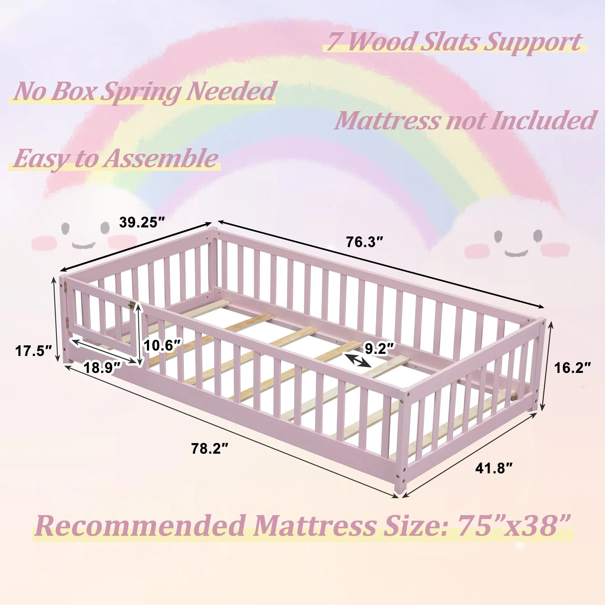 uhomepro Kids Toddler Bed with Fence and Door, Full Size Platform Bed Floor Bed, Wood Bed Frame No Box Spring Needed, Gray - Inhomebuy