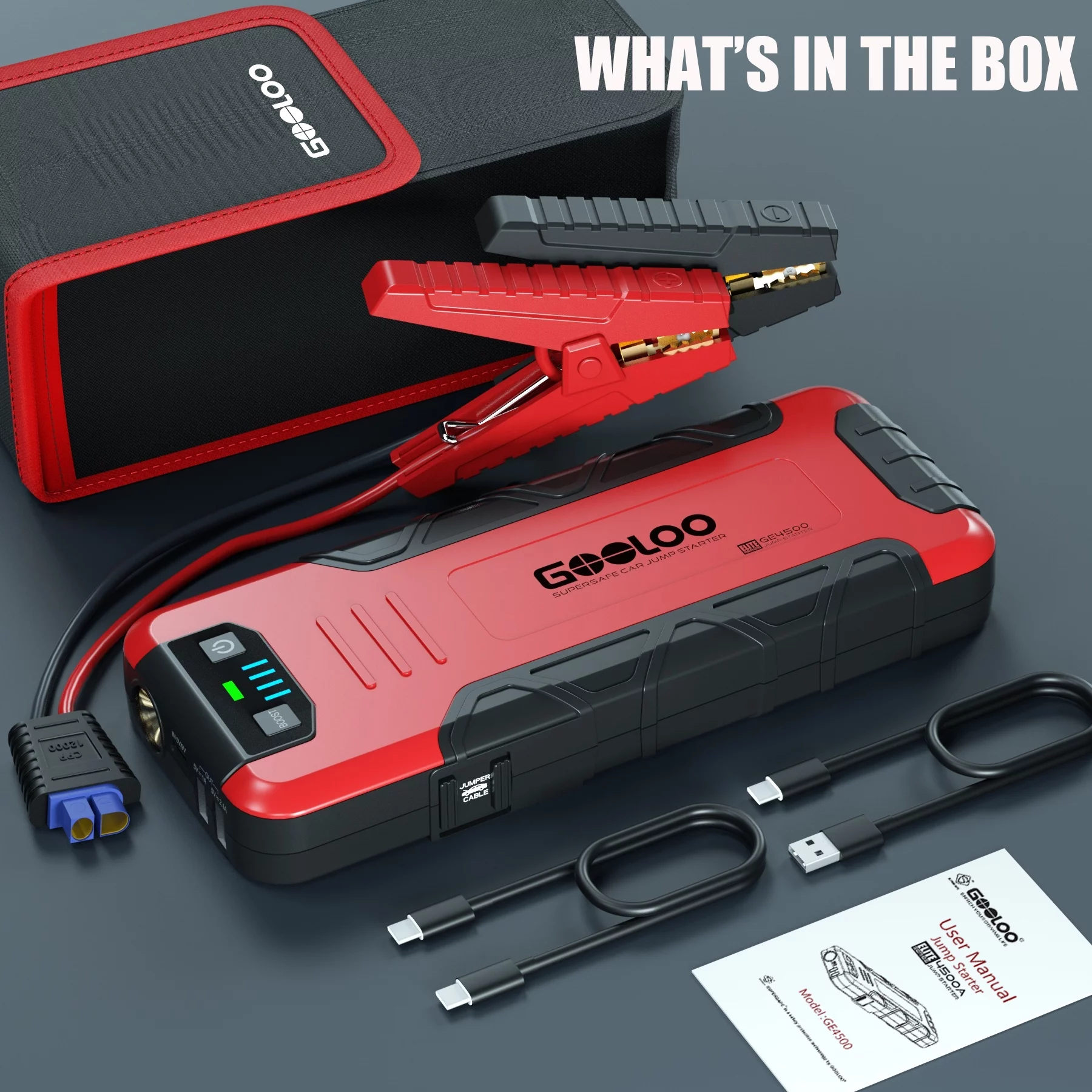 GOOLOO Car Battery Jump Starter,4500A Peak Jump Starter with USB Quick Charge (for 10L Gas or Up to 8L Diesel),GE4500 12V Jumper Pack with LED Light Powerful - Inhomebuy