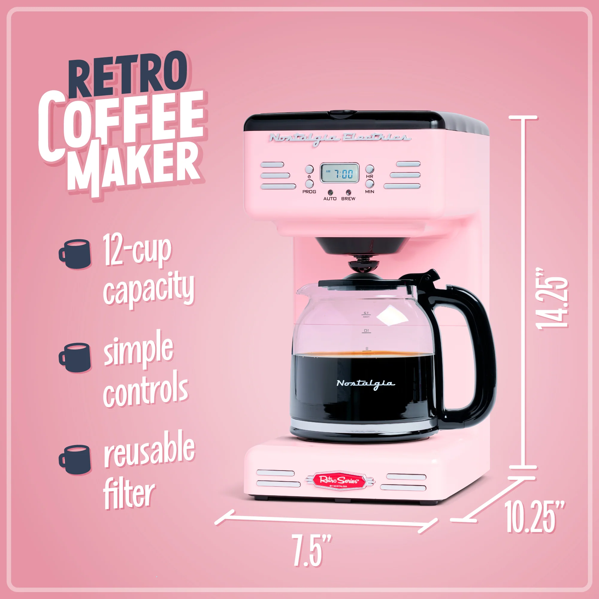 Retro 12-Cup Coffee Maker, Pink - Inhomebuy