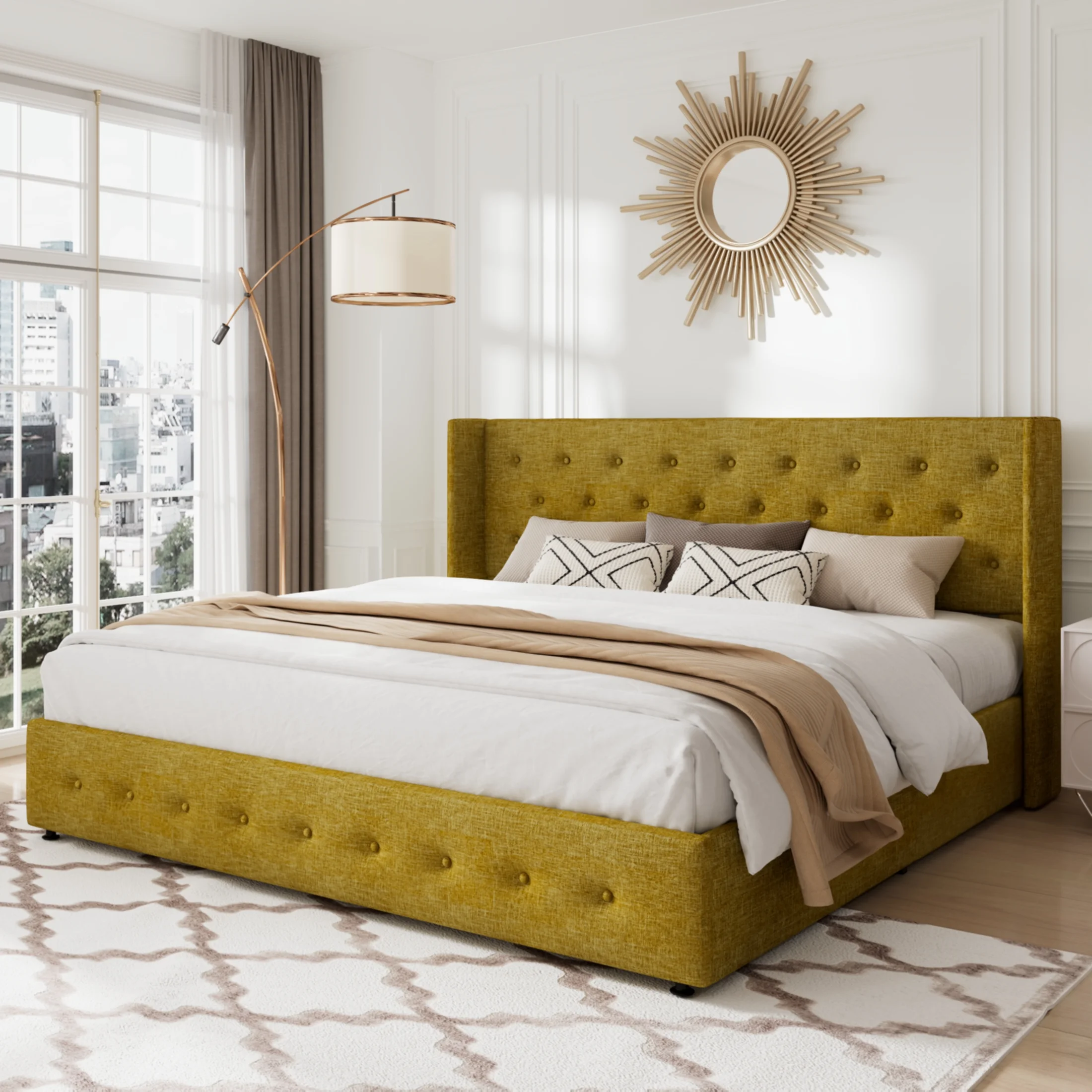 Allewie Queen Size Lift Up Platform Storage Bed Frame with Pannel Wingback Headboard, Light Beige - Inhomebuy