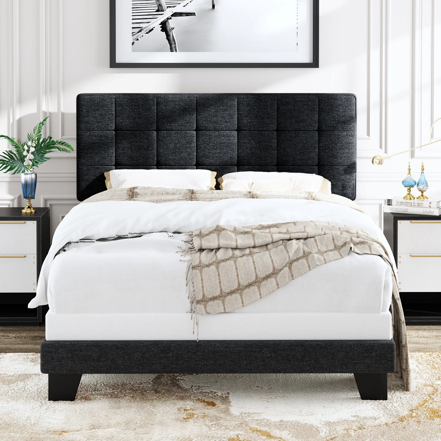 Allewie Queen Size Panel Platform Bed Frame with Adjustable High Upholstered Headboard, Grey - Inhomebuy