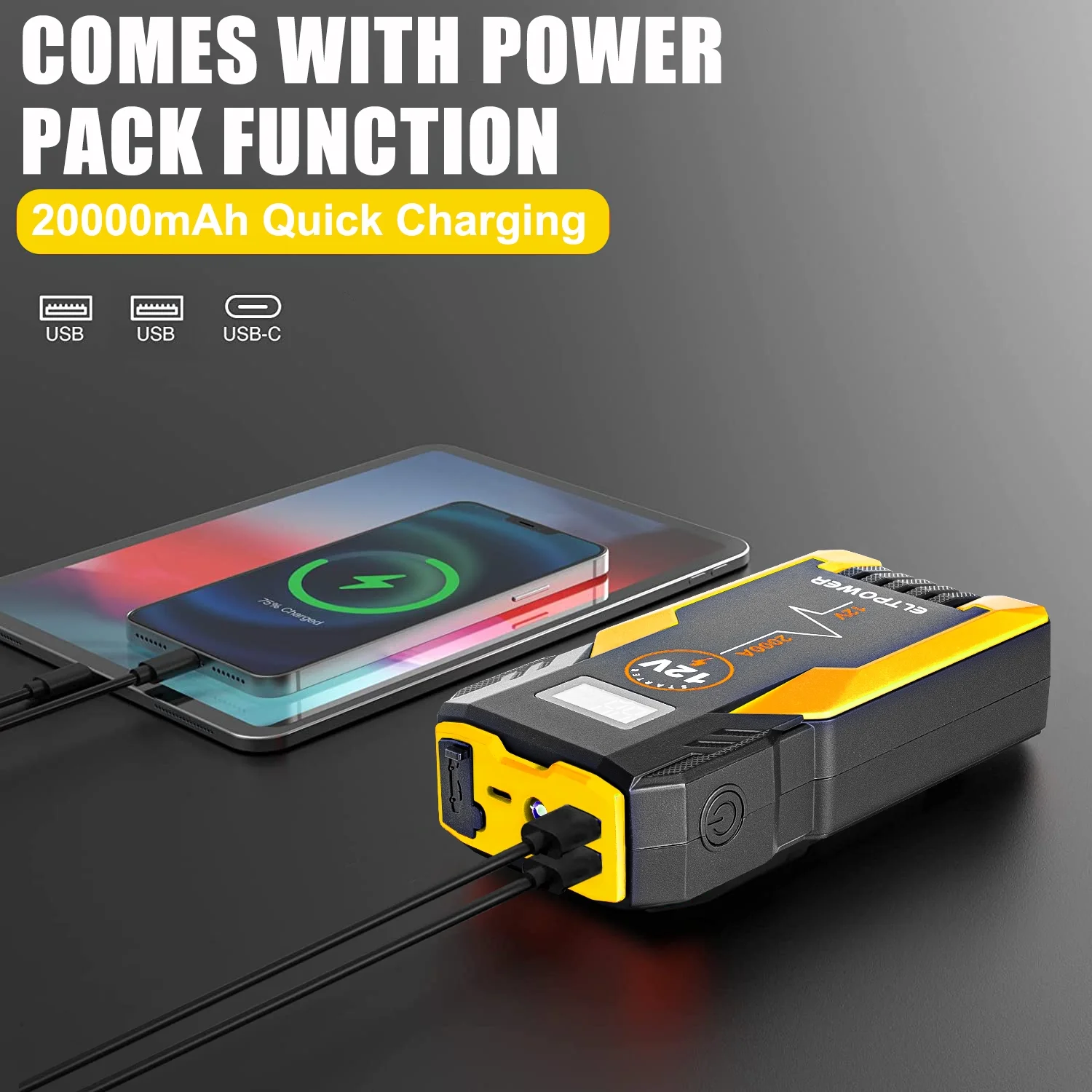 ELTPOWER 20000mAh Car Battery Jump Starter for Up to 9L Gas 7L Diesel, 2000A Peak Auto Car Jump Starter with LED and USB Quick Charge 3.0 - Inhomebuy