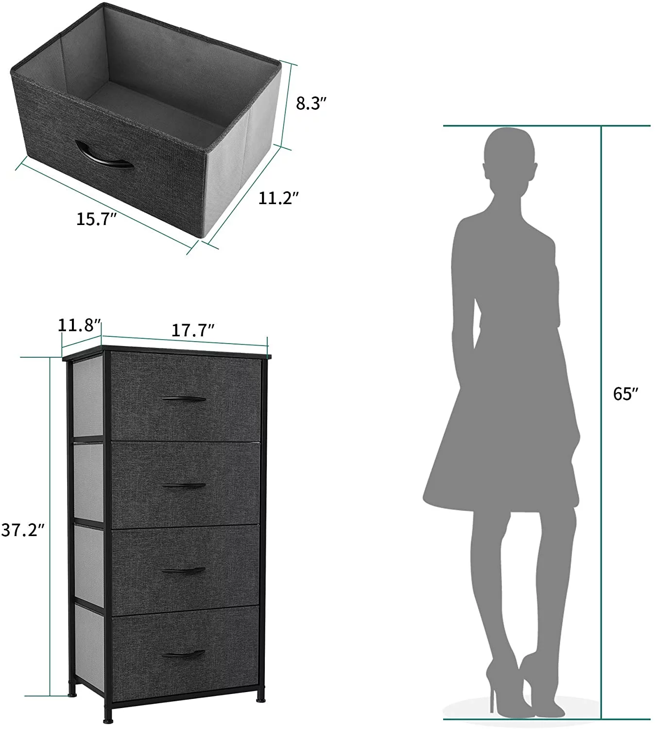 YINTATECH 4 Drawers Dresser Shelf Organizer Bedroom Bedside Storage Tower Black Grey - Inhomebuy