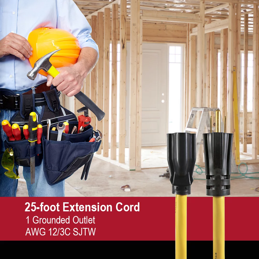 Hyper Tough 25FT 12/3 Extension Cord Yellow For Outdoor Use - Inhomebuy