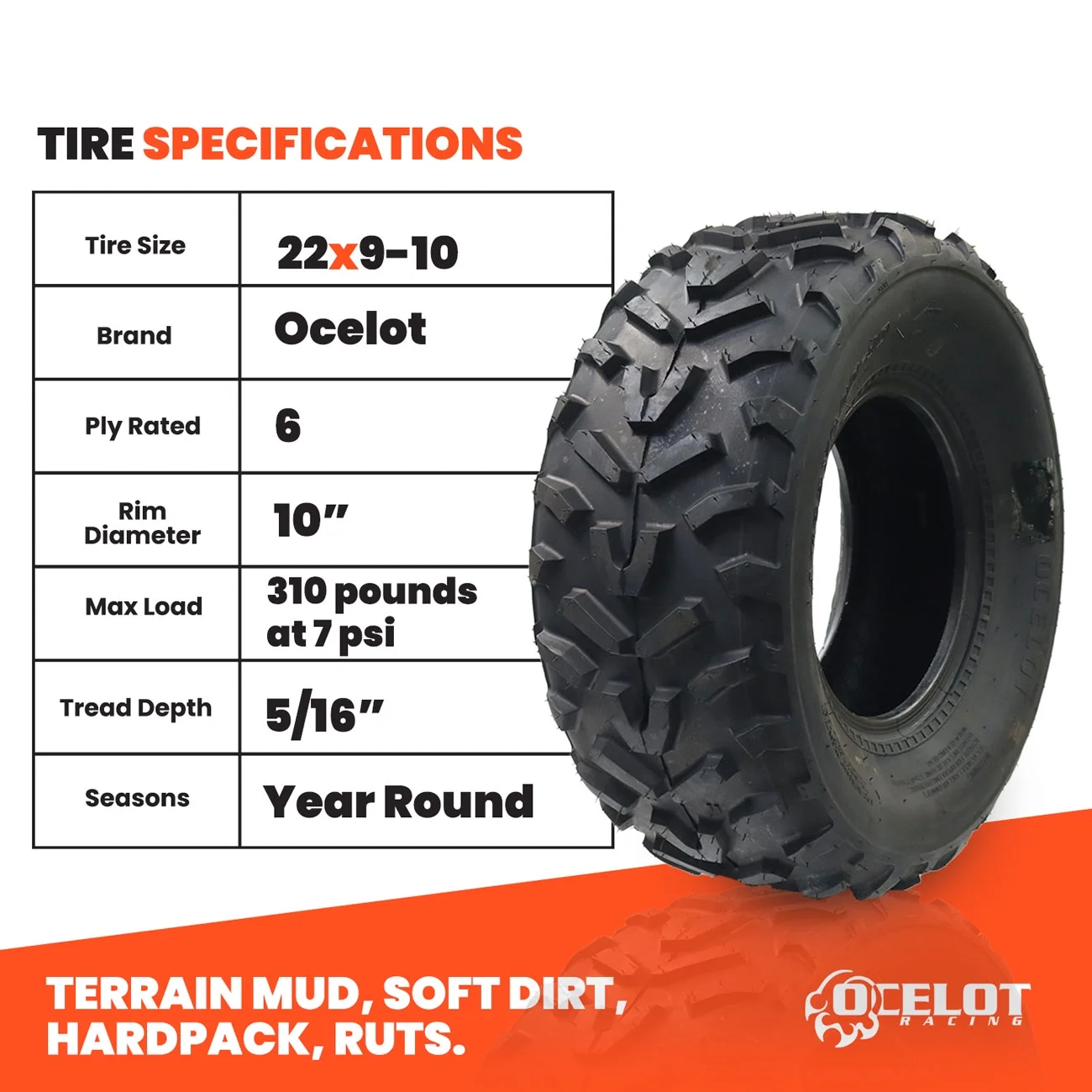 22 x 9 - 10 Ocelot P367 ATV Tire - Inhomebuy